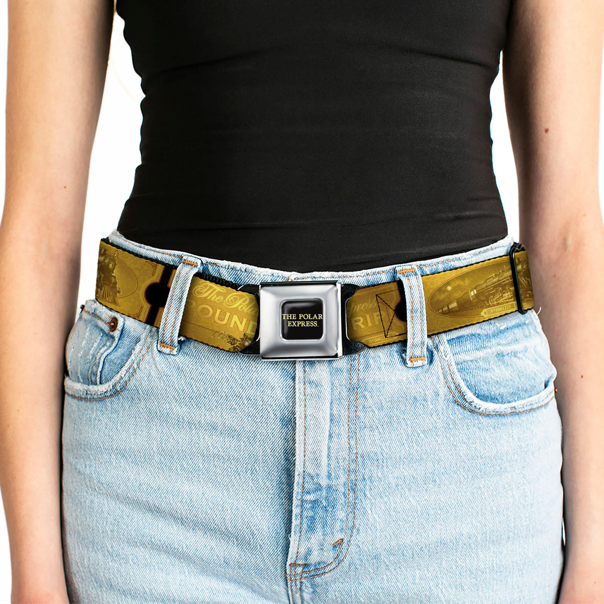 THE POLAR EXPRESS Text Logo Full Color Black/Golds Seatbelt Belt - THE POLAR EXPRESS ROUND TRIP Ticket Black/Golds Webbing Seatbelt Belts The Polar Express