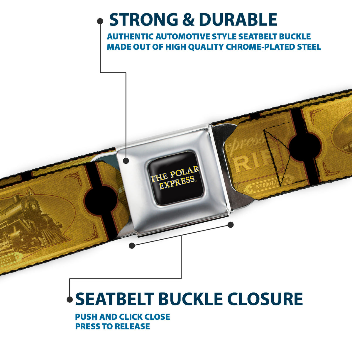 THE POLAR EXPRESS Text Logo Full Color Black/Golds Seatbelt Belt - THE POLAR EXPRESS ROUND TRIP Ticket Black/Golds Webbing Seatbelt Belts The Polar Express