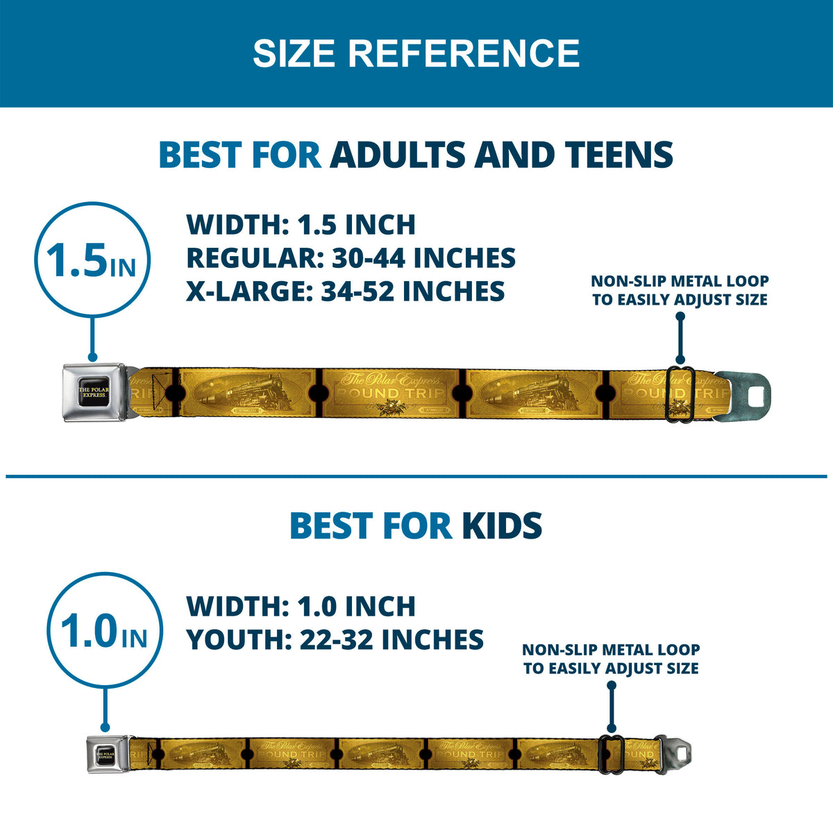 THE POLAR EXPRESS Text Logo Full Color Black/Golds Seatbelt Belt - THE POLAR EXPRESS ROUND TRIP Ticket Black/Golds Webbing Seatbelt Belts The Polar Express