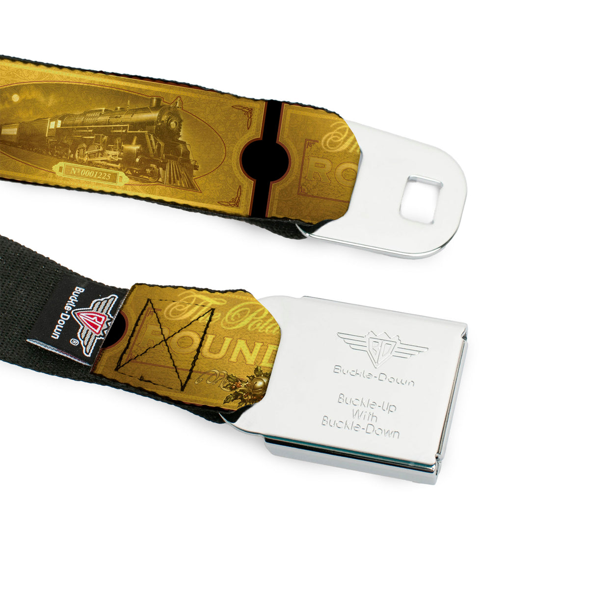 THE POLAR EXPRESS Text Logo Full Color Black/Golds Seatbelt Belt - THE POLAR EXPRESS ROUND TRIP Ticket Black/Golds Webbing Seatbelt Belts The Polar Express