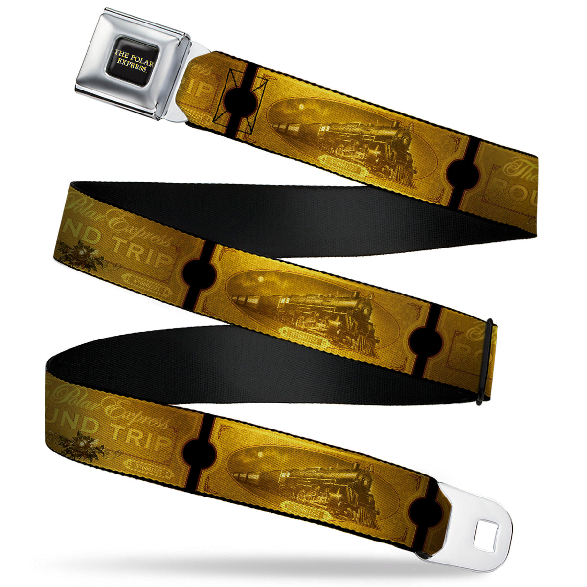 THE POLAR EXPRESS Text Logo Full Color Black/Golds Seatbelt Belt - THE POLAR EXPRESS ROUND TRIP Ticket Black/Golds Webbing Seatbelt Belts The Polar Express