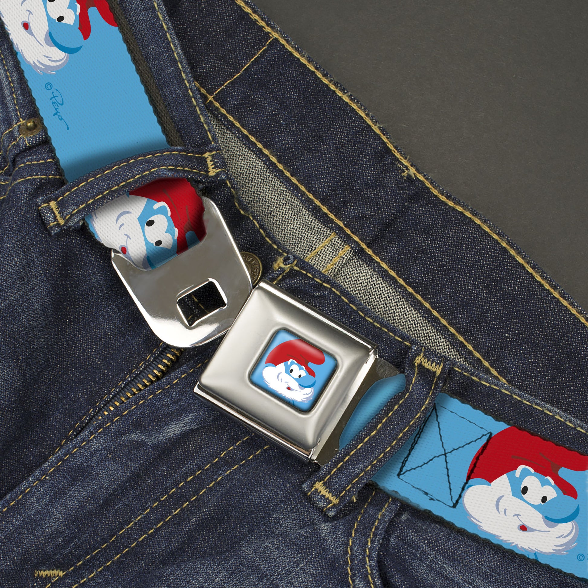 The Smurfs Papa Smurf Smiling Pose Full Color Blue Seatbelt Belt - The Smurfs Papa Smurf Smiling Pose Blue Webbing Seatbelt Belts The Smurfs