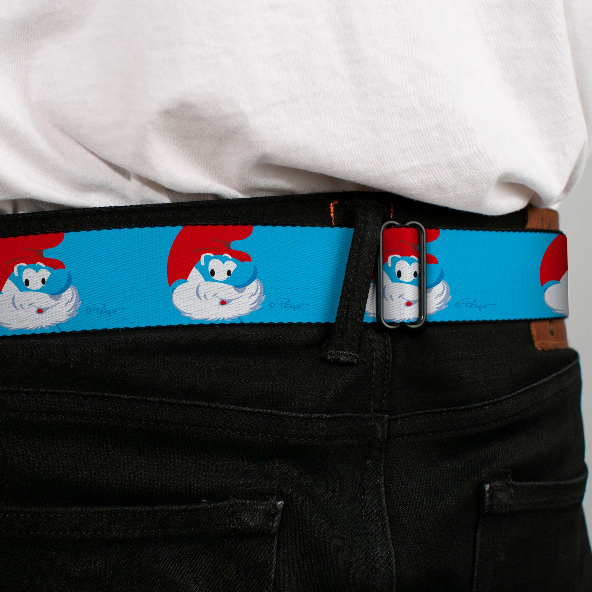 The Smurfs Papa Smurf Smiling Pose Full Color Blue Seatbelt Belt - The Smurfs Papa Smurf Smiling Pose Blue Webbing Seatbelt Belts The Smurfs