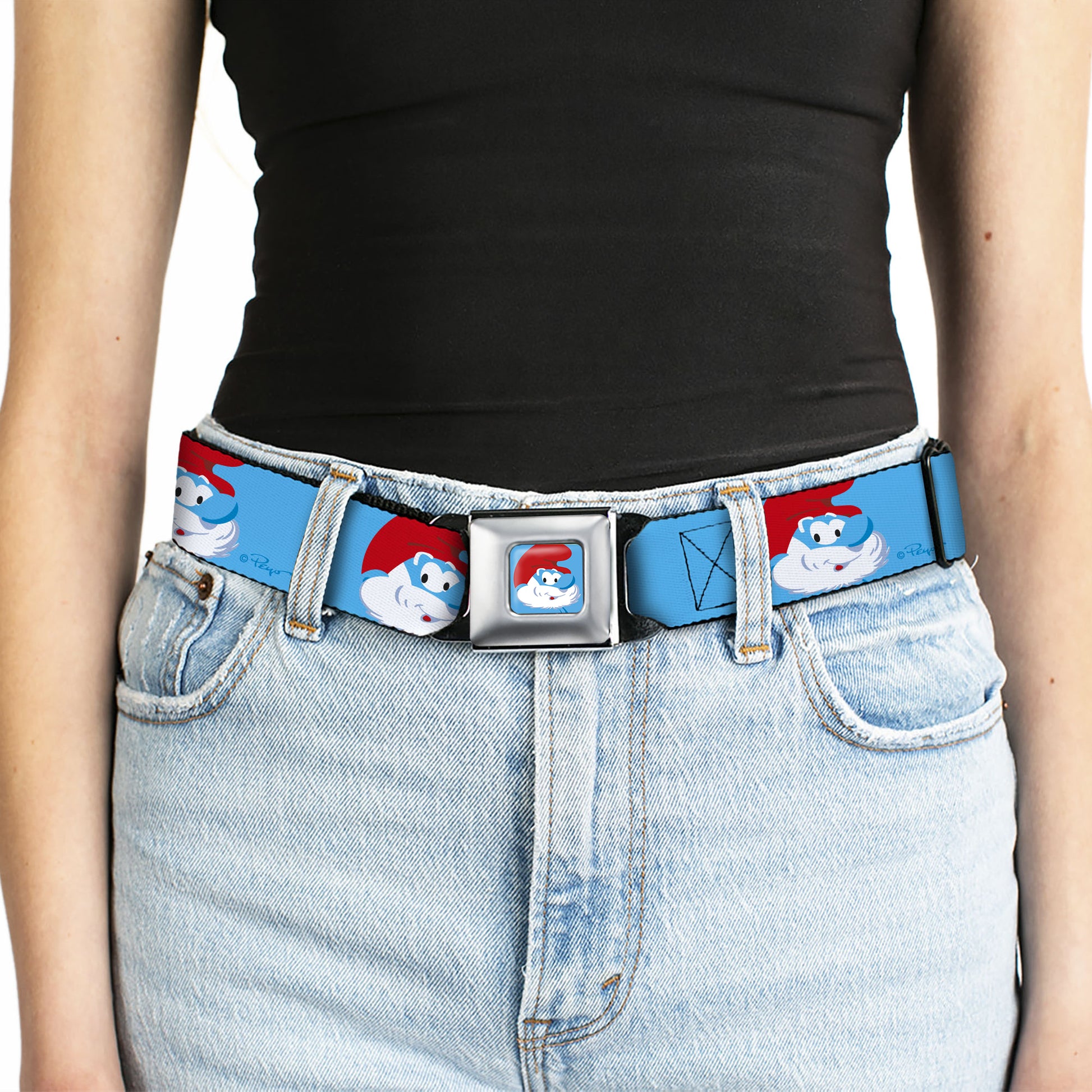 The Smurfs Papa Smurf Smiling Pose Full Color Blue Seatbelt Belt - The Smurfs Papa Smurf Smiling Pose Blue Webbing Seatbelt Belts The Smurfs