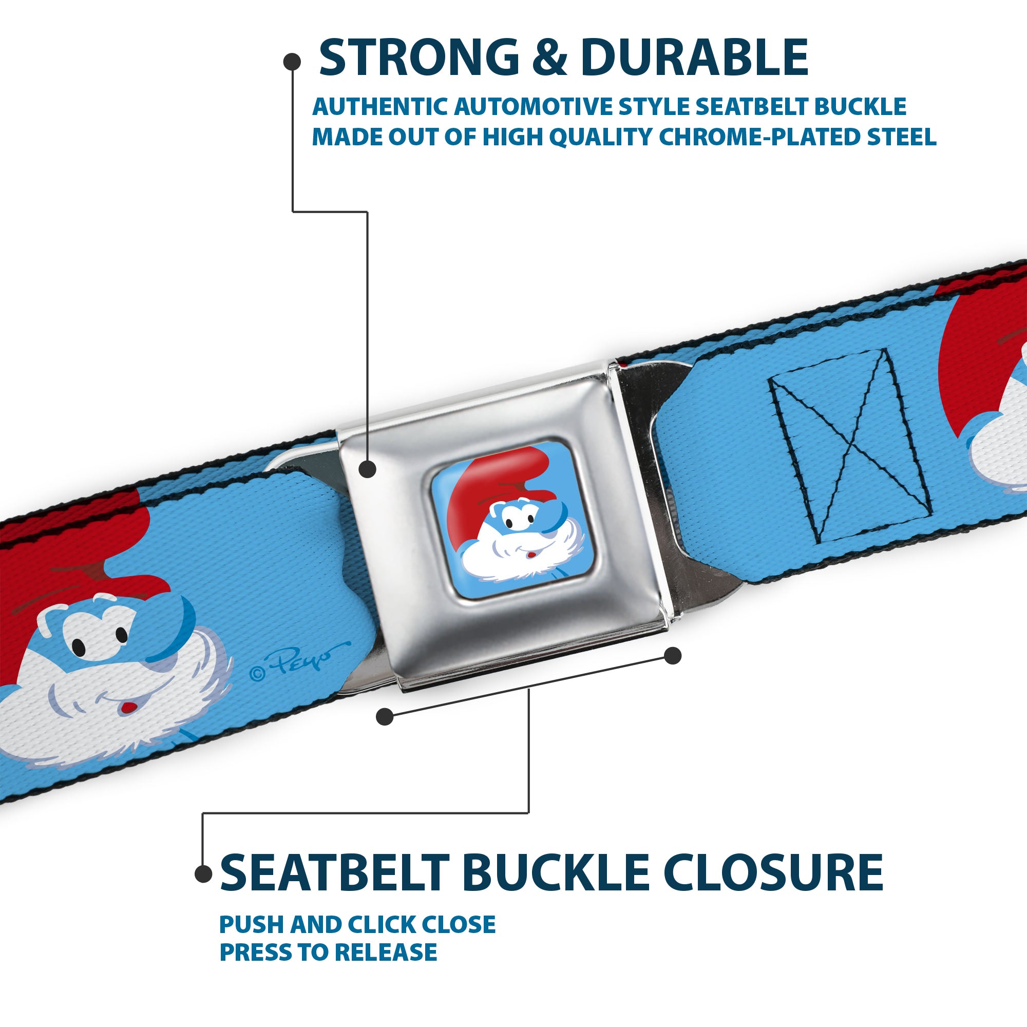 The Smurfs Papa Smurf Smiling Pose Full Color Blue Seatbelt Belt - The Smurfs Papa Smurf Smiling Pose Blue Webbing Seatbelt Belts The Smurfs