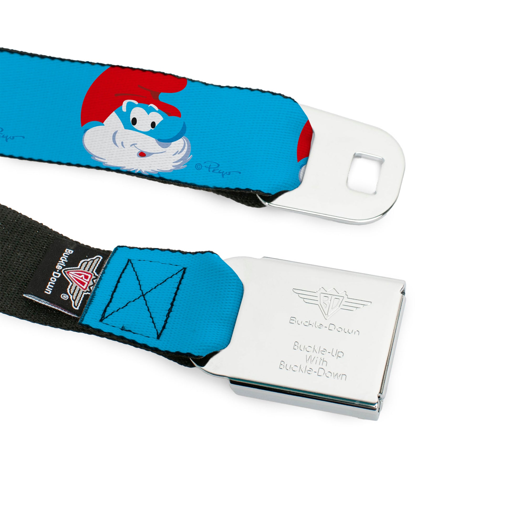 The Smurfs Papa Smurf Smiling Pose Full Color Blue Seatbelt Belt - The Smurfs Papa Smurf Smiling Pose Blue Webbing Seatbelt Belts The Smurfs