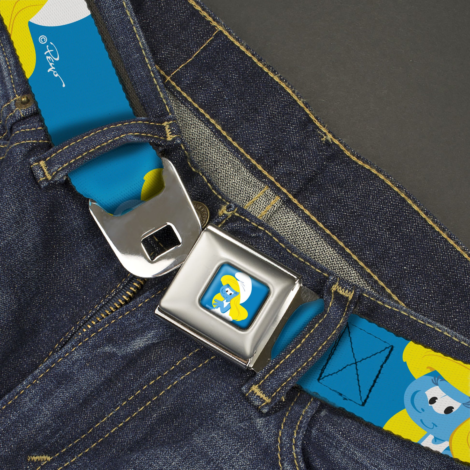 The Smurfs Smurfette Smiling Pose Full Color Blue Seatbelt Belt - The Smurfs Smurfette Smiling Pose Blue Webbing Seatbelt Belts The Smurfs
