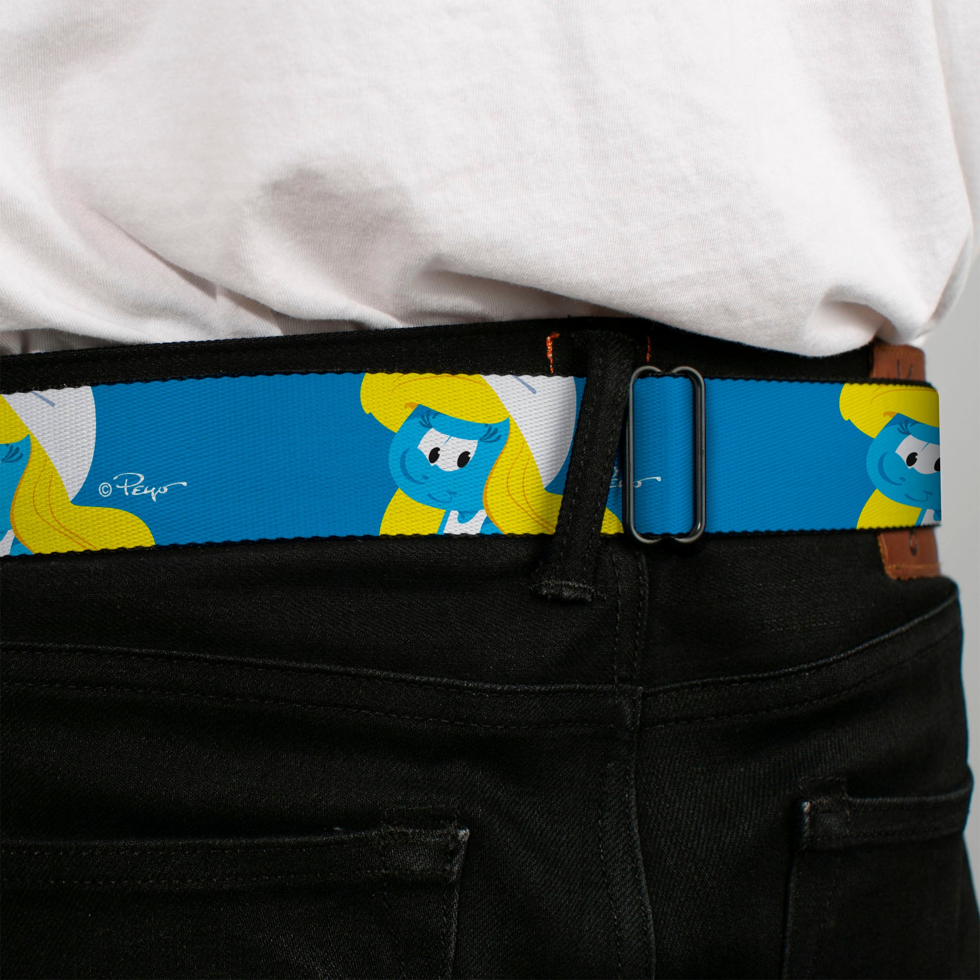 The Smurfs Smurfette Smiling Pose Full Color Blue Seatbelt Belt - The Smurfs Smurfette Smiling Pose Blue Webbing Seatbelt Belts The Smurfs
