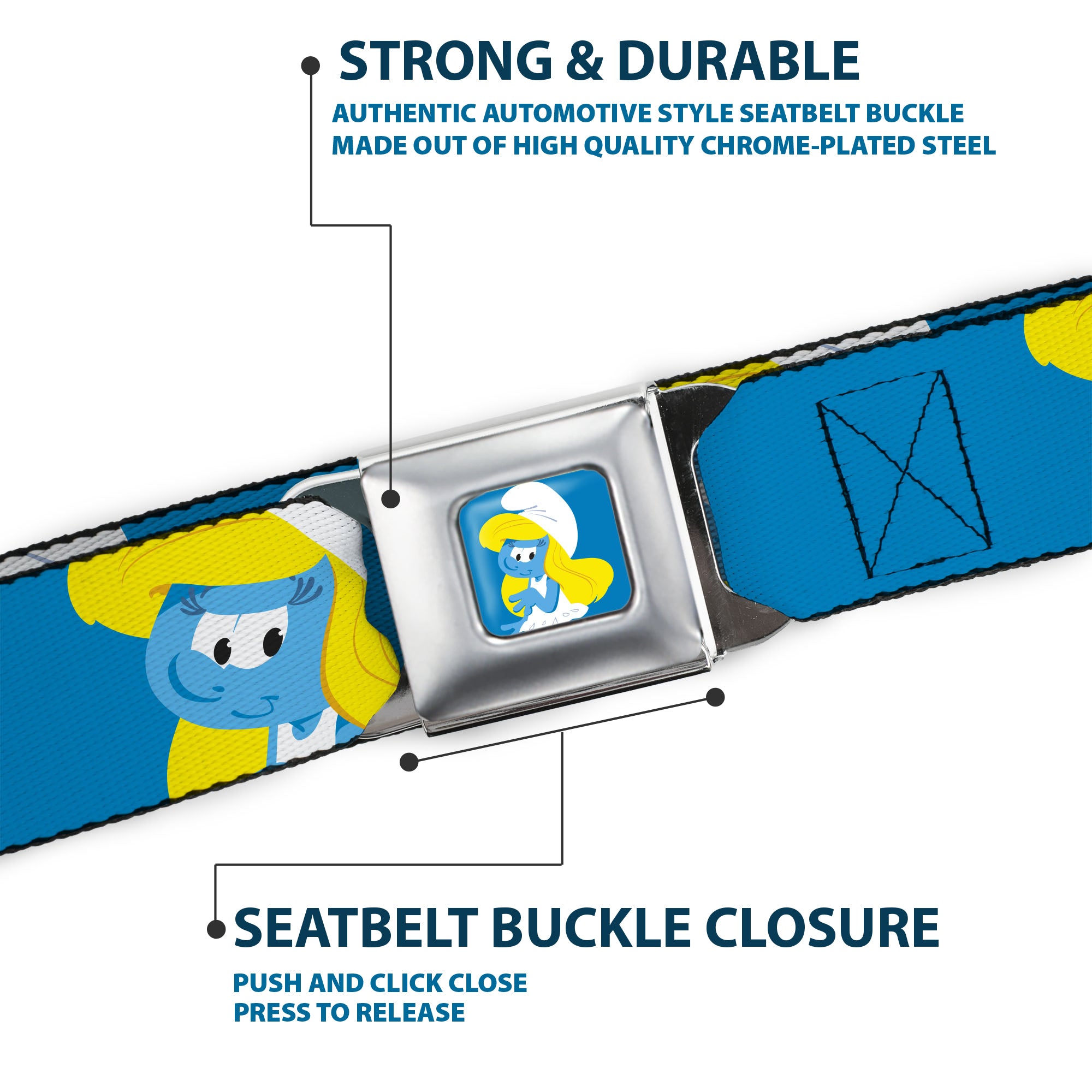 The Smurfs Smurfette Smiling Pose Full Color Blue Seatbelt Belt - The Smurfs Smurfette Smiling Pose Blue Webbing Seatbelt Belts The Smurfs