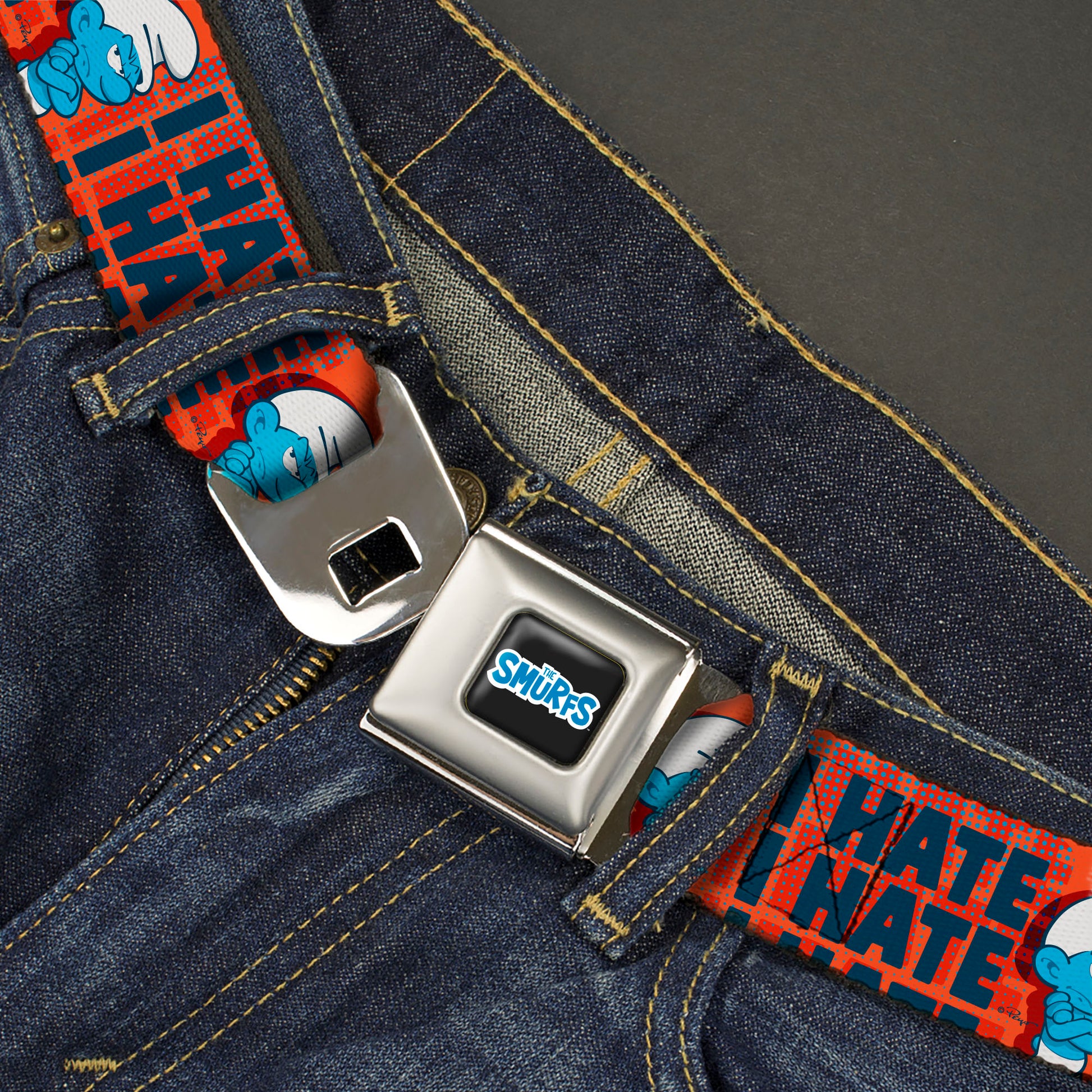 THE SMURFS Title Logo Full Color Black White Blue Seatbelt Belt - Grumpy Smurf I HATE I HATE Arms Crossed Pose Red/Blue Webbing Seatbelt Belts The Smurfs
