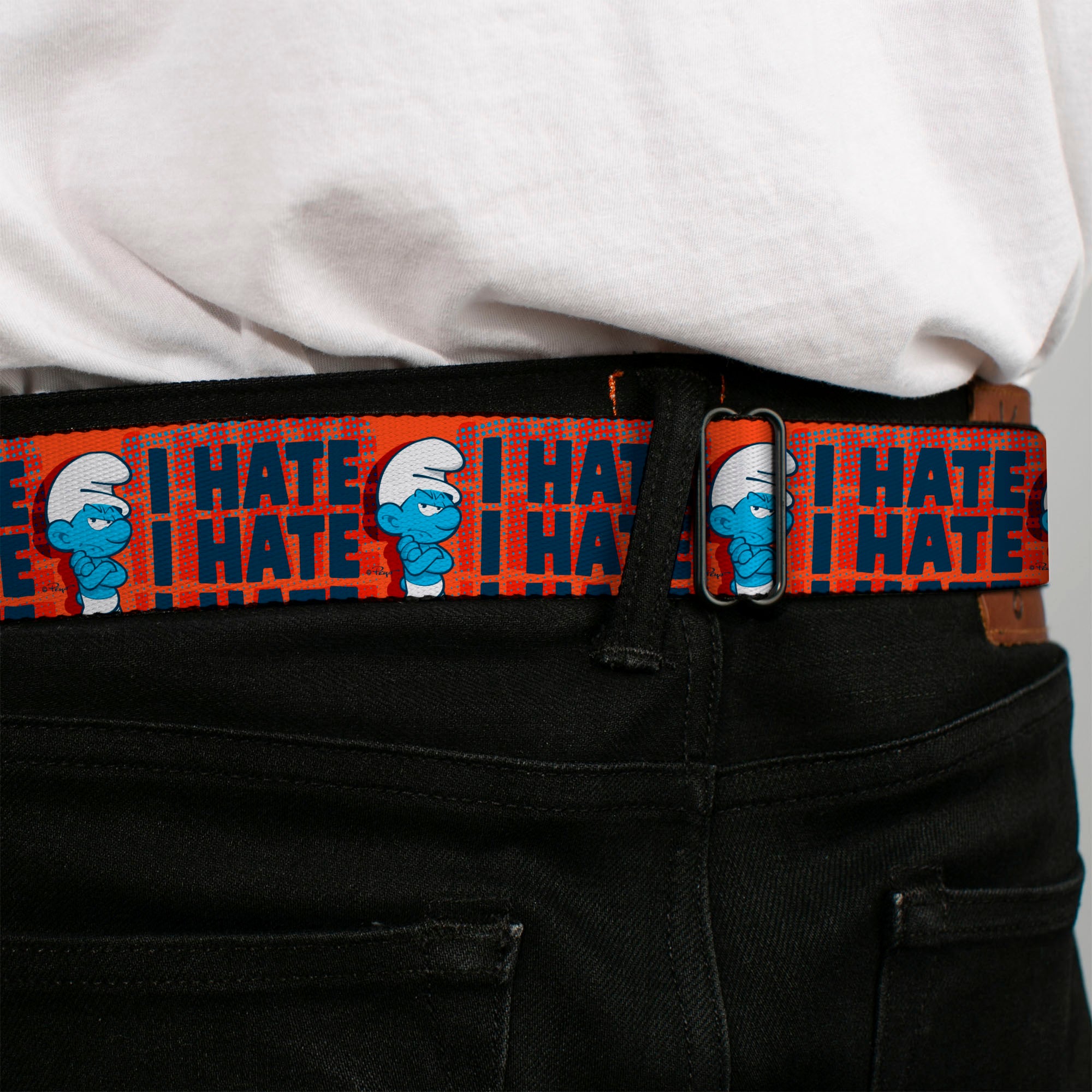 THE SMURFS Title Logo Full Color Black White Blue Seatbelt Belt - Grumpy Smurf I HATE I HATE Arms Crossed Pose Red/Blue Webbing Seatbelt Belts The Smurfs