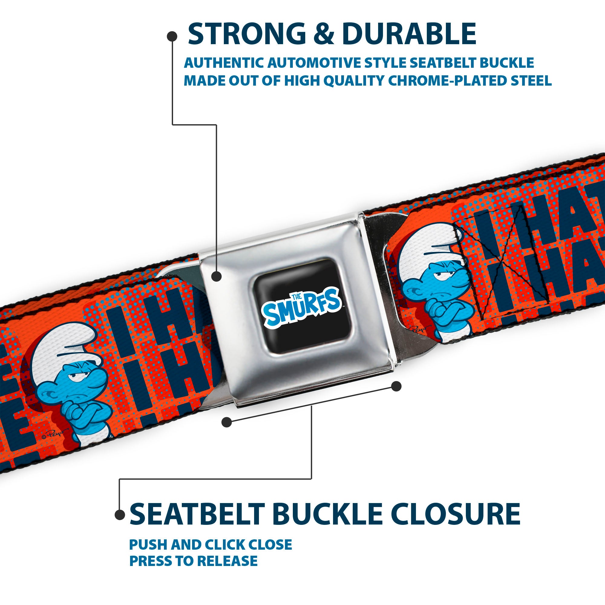THE SMURFS Title Logo Full Color Black White Blue Seatbelt Belt - Grumpy Smurf I HATE I HATE Arms Crossed Pose Red/Blue Webbing Seatbelt Belts The Smurfs