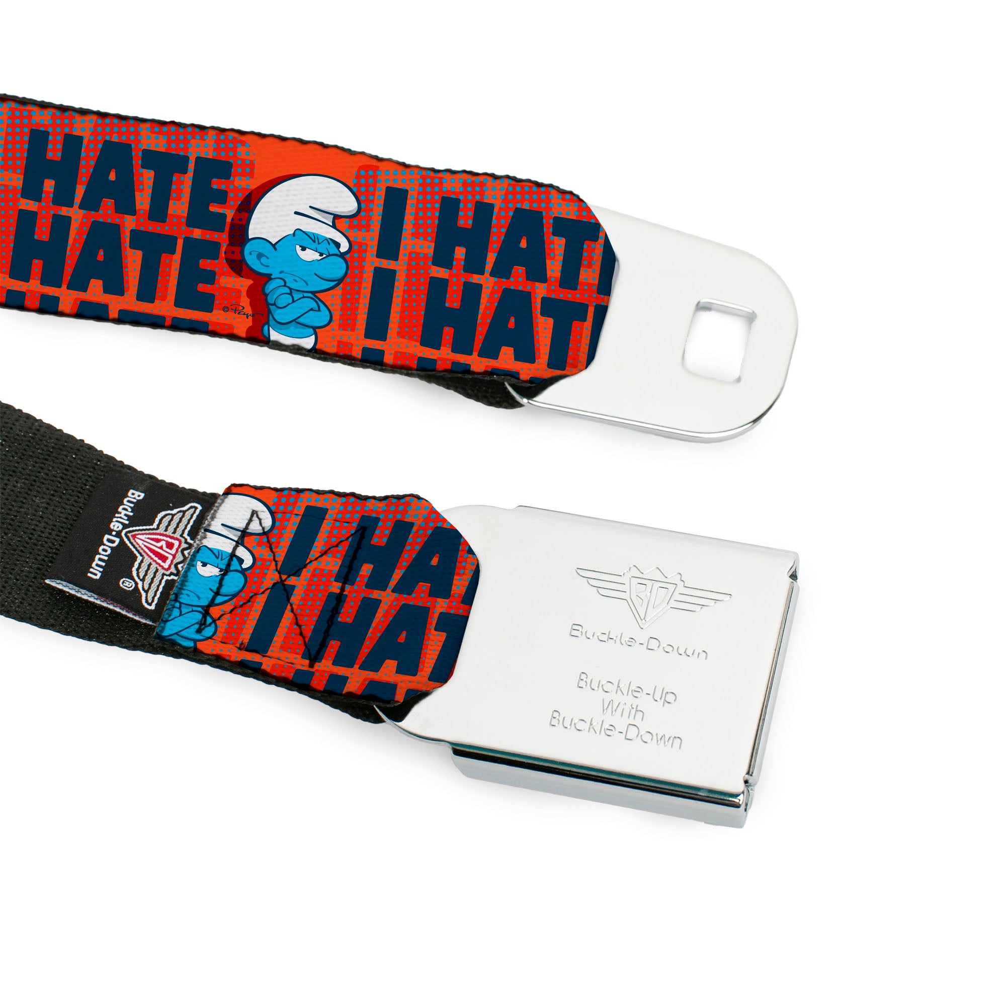 THE SMURFS Title Logo Full Color Black White Blue Seatbelt Belt - Grumpy Smurf I HATE I HATE Arms Crossed Pose Red/Blue Webbing Seatbelt Belts The Smurfs