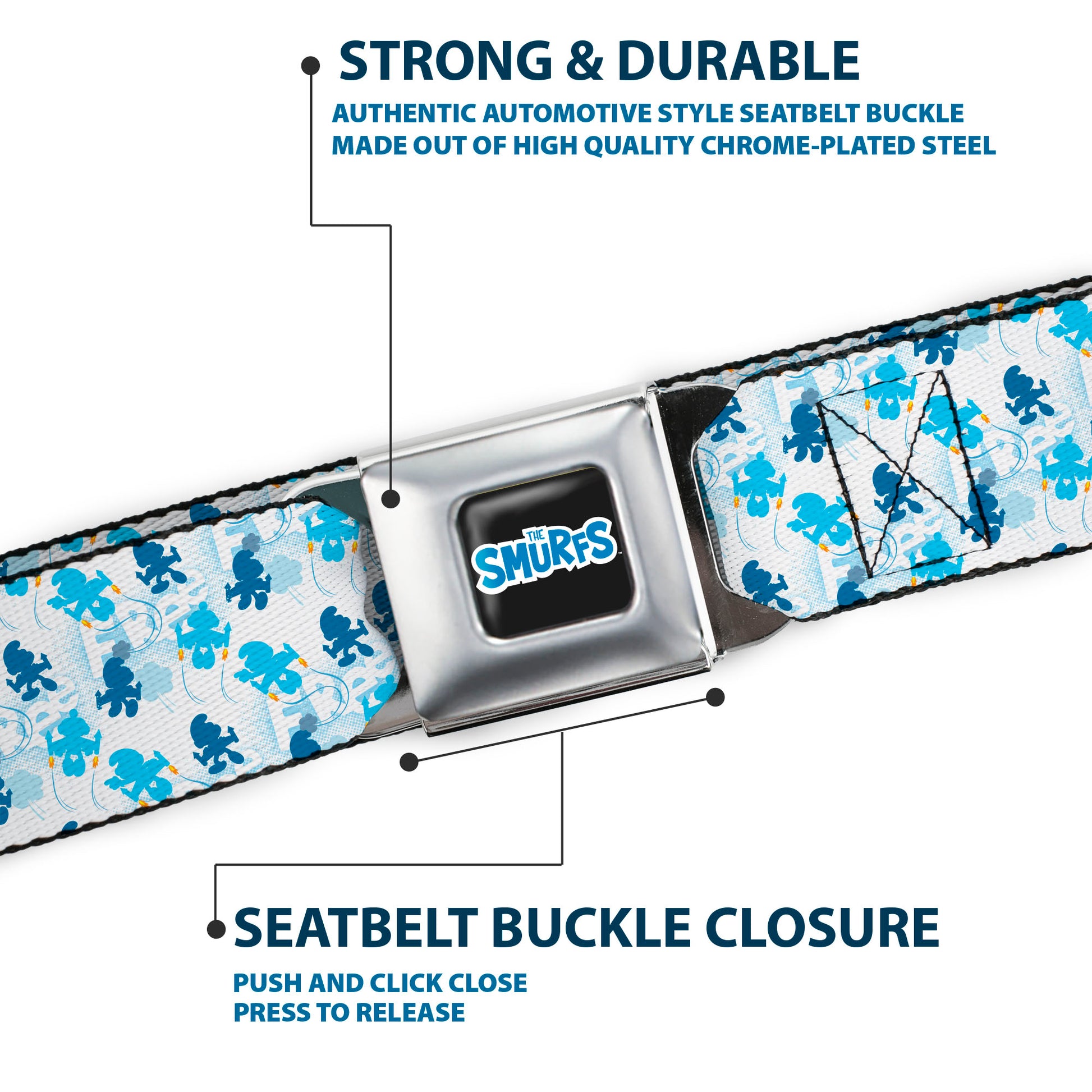 THE SMURFS Title Logo Full Color Black White Blue Seatbelt Belt - The Smurfs Blast Off FREE Silhouette Pose White/Blues Webbing Seatbelt Belts The Smurfs