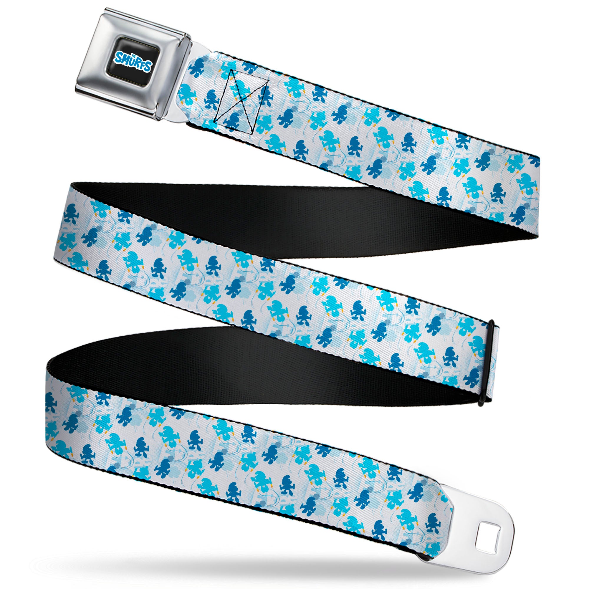 THE SMURFS Title Logo Full Color Black White Blue Seatbelt Belt - The Smurfs Blast Off FREE Silhouette Pose White/Blues Webbing Seatbelt Belts The Smurfs