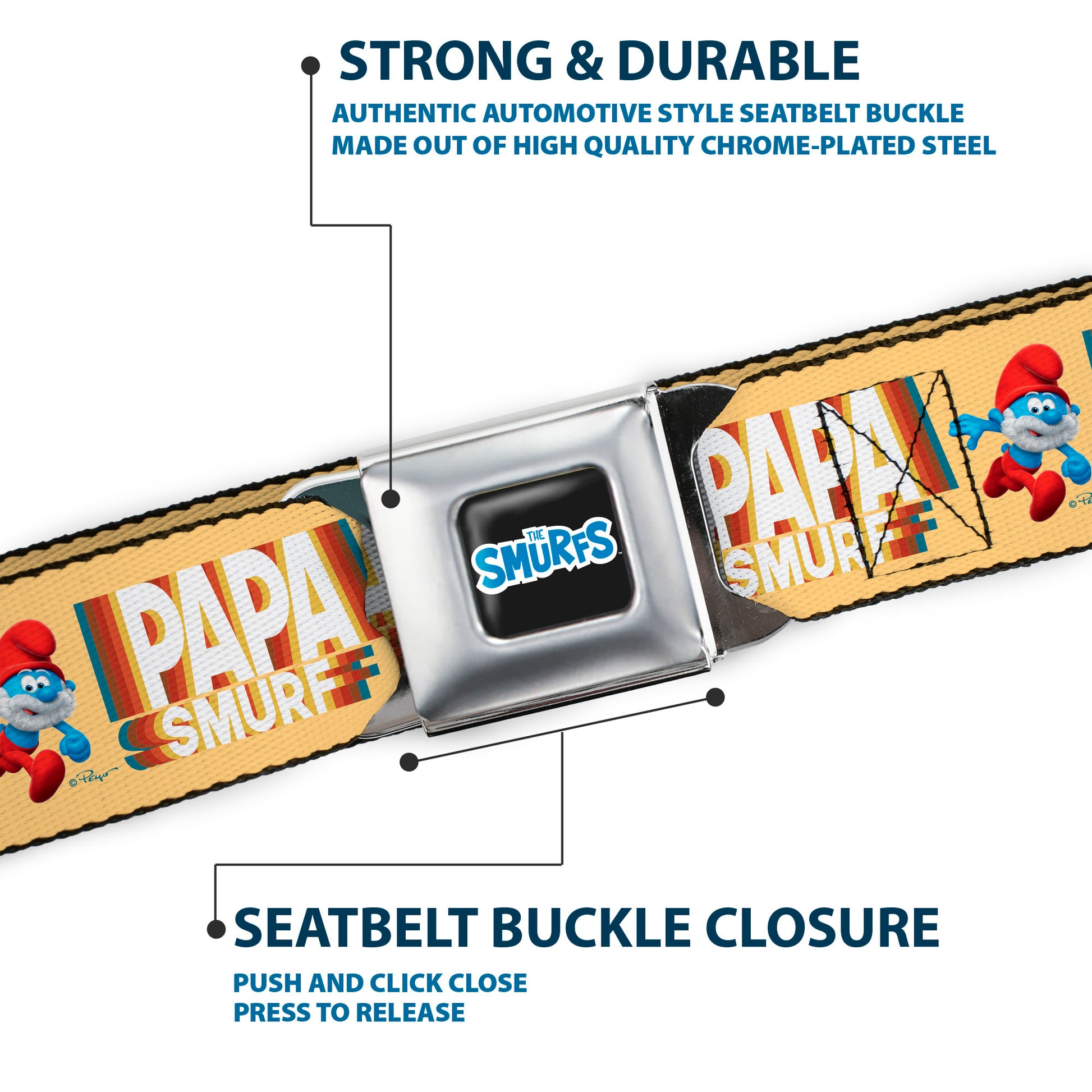 THE SMURFS Title Logo Full Color Black White Blue Seatbelt Belt - PAPA SMURF Running Pose and Text Beige/Multi Color Webbing Seatbelt Belts The Smurfs