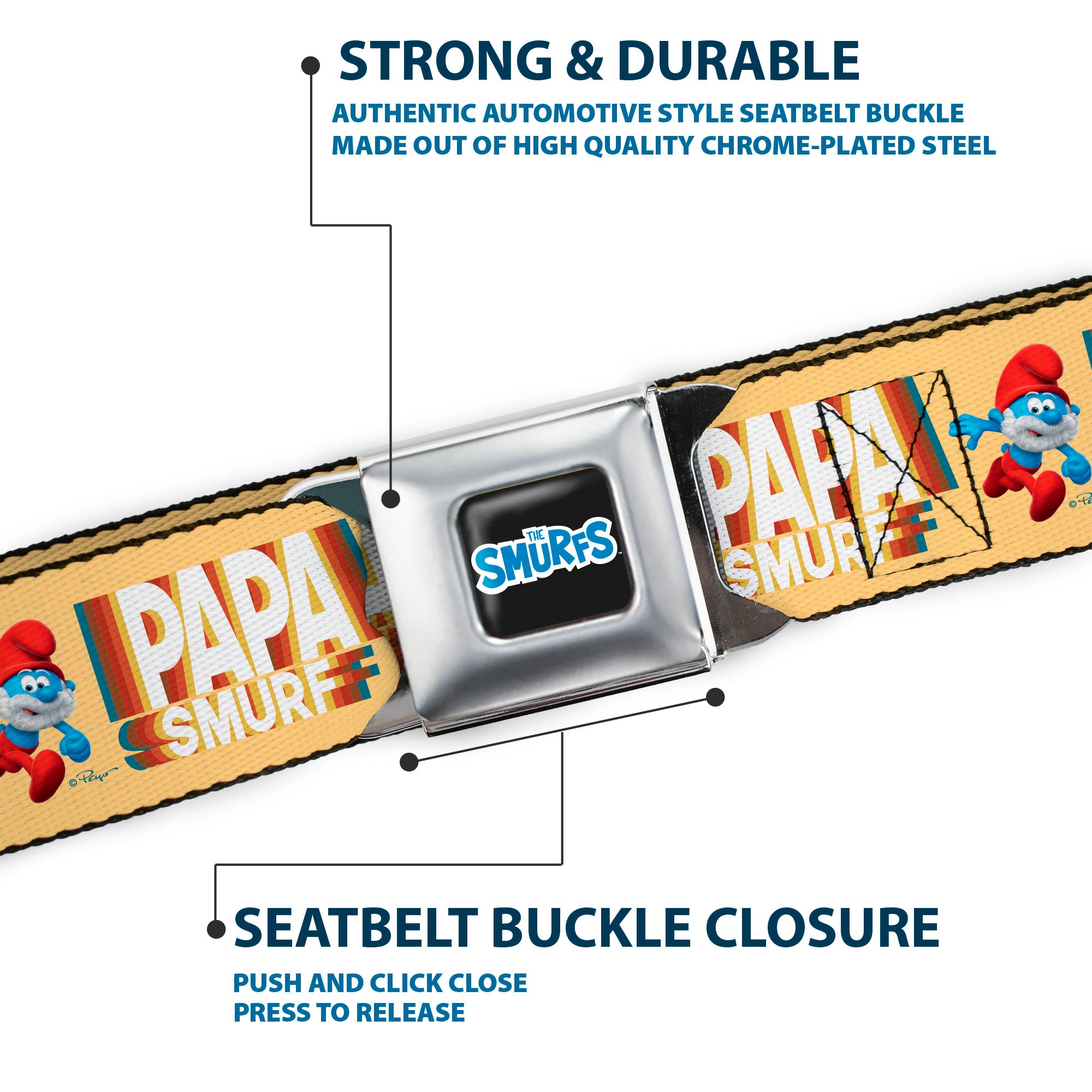 THE SMURFS Title Logo Full Color Black White Blue Seatbelt Belt - PAPA SMURF Running Pose and Text Beige/Multi Color Webbing Seatbelt Belts The Smurfs