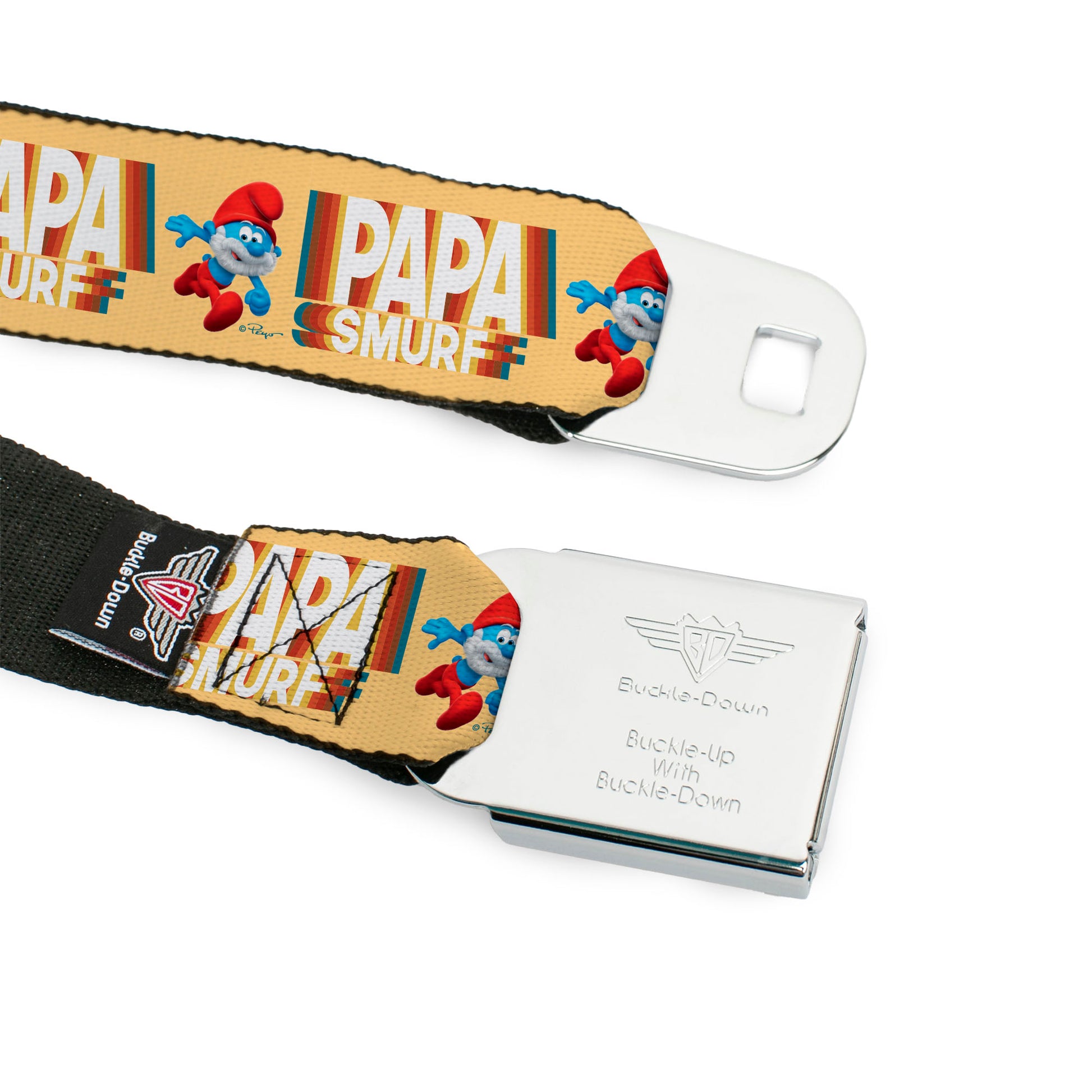 THE SMURFS Title Logo Full Color Black White Blue Seatbelt Belt - PAPA SMURF Running Pose and Text Beige/Multi Color Webbing Seatbelt Belts The Smurfs