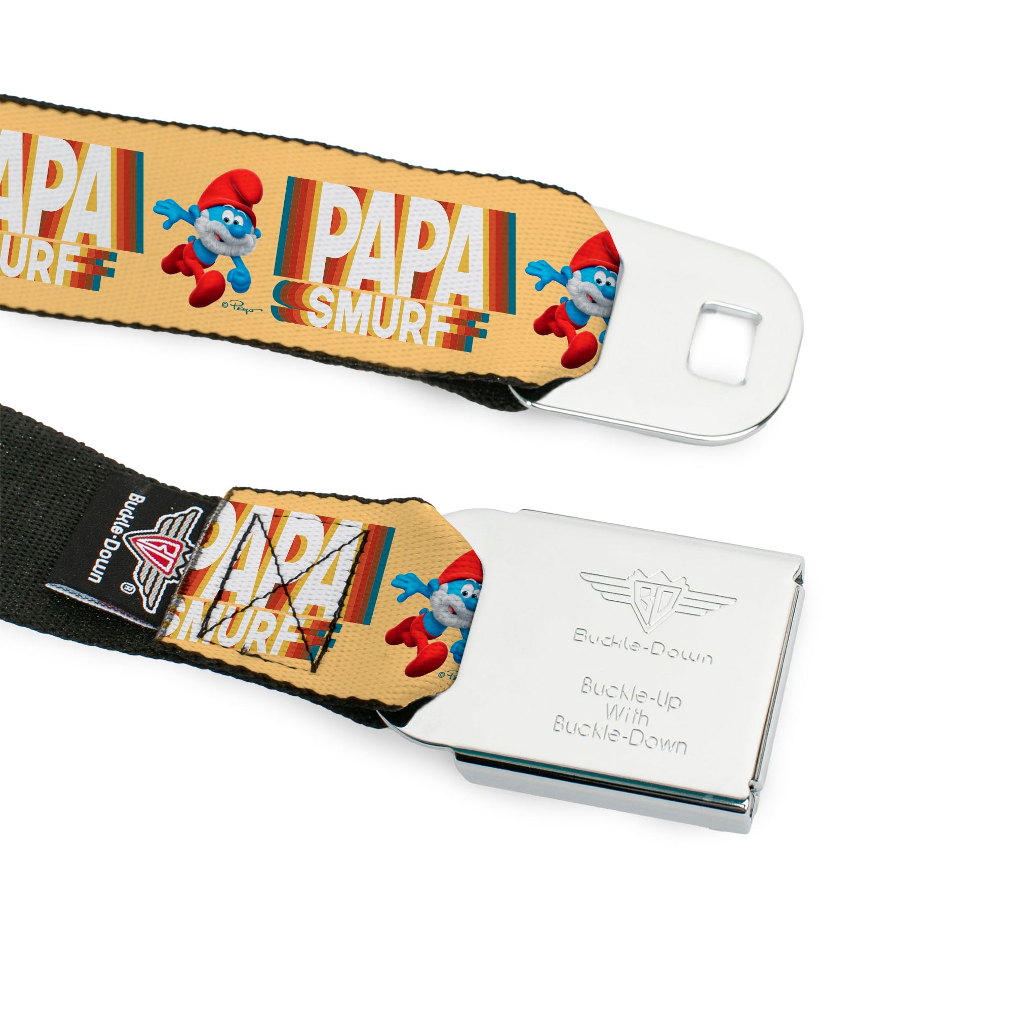 THE SMURFS Title Logo Full Color Black White Blue Seatbelt Belt - PAPA SMURF Running Pose and Text Beige/Multi Color Webbing Seatbelt Belts The Smurfs