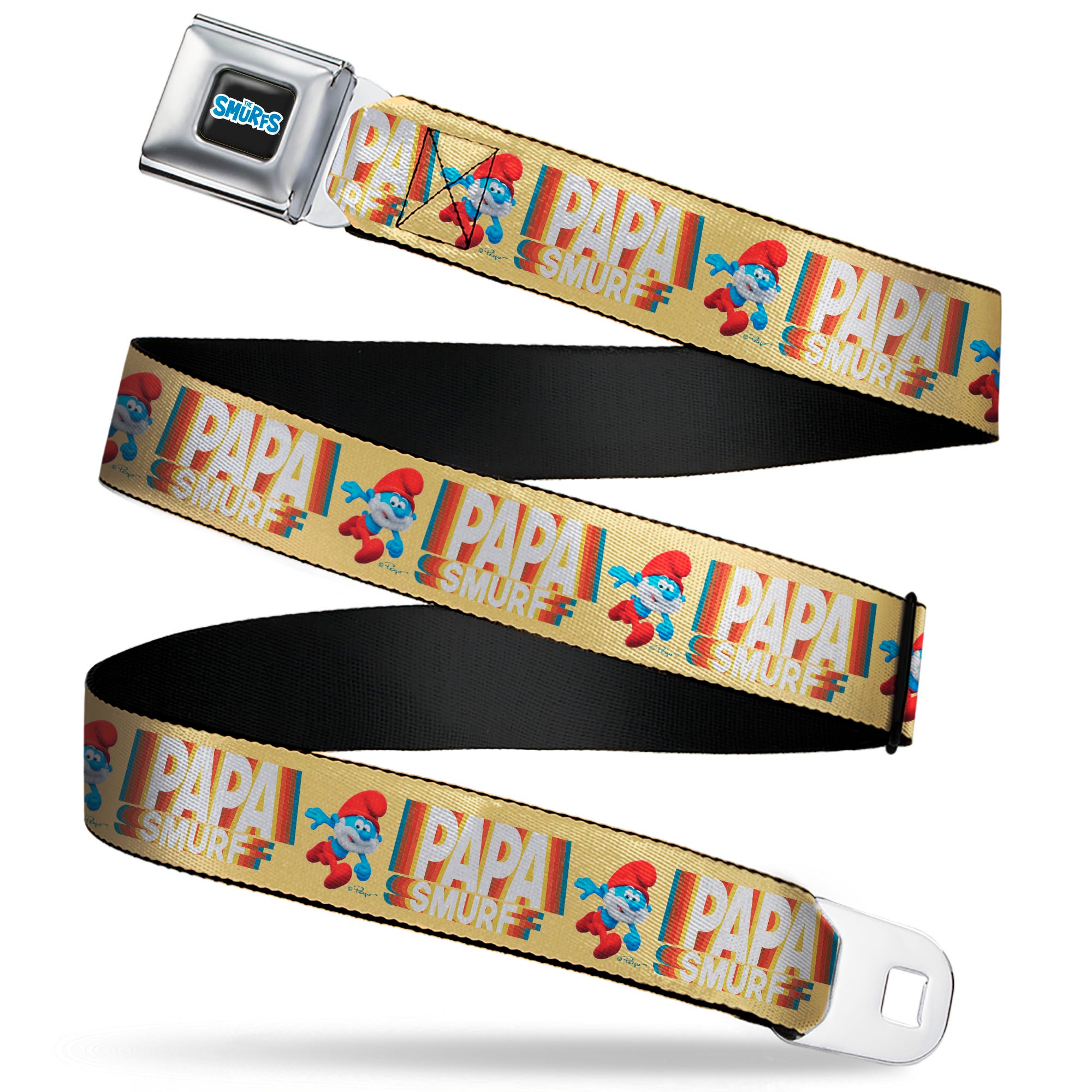 THE SMURFS Title Logo Full Color Black White Blue Seatbelt Belt - PAPA SMURF Running Pose and Text Beige/Multi Color Webbing Seatbelt Belts The Smurfs