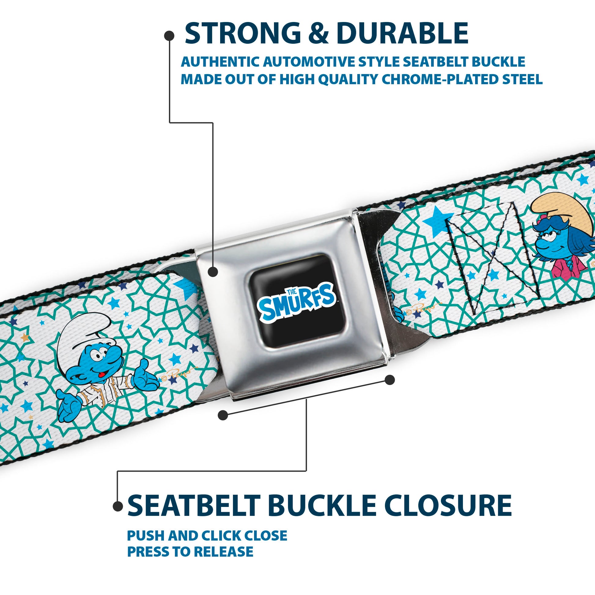 THE SMURFS Title Logo Full Color Black White Blue Seatbelt Belt - The Smurfs Three Character Pose and Stars White/Blues Webbing Seatbelt Belts The Smurfs