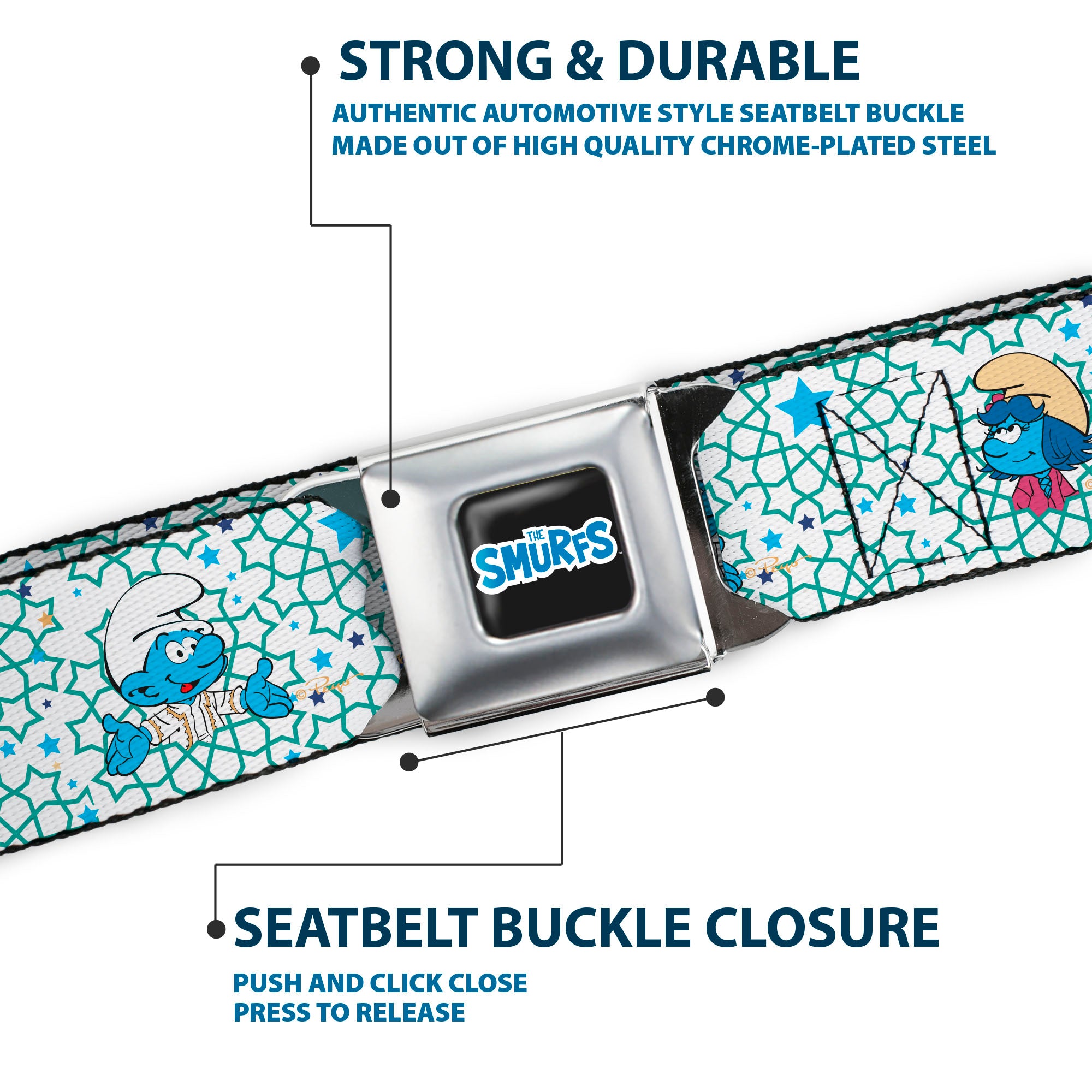 THE SMURFS Title Logo Full Color Black White Blue Seatbelt Belt - The Smurfs Three Character Pose and Stars White/Blues Webbing Seatbelt Belts The Smurfs
