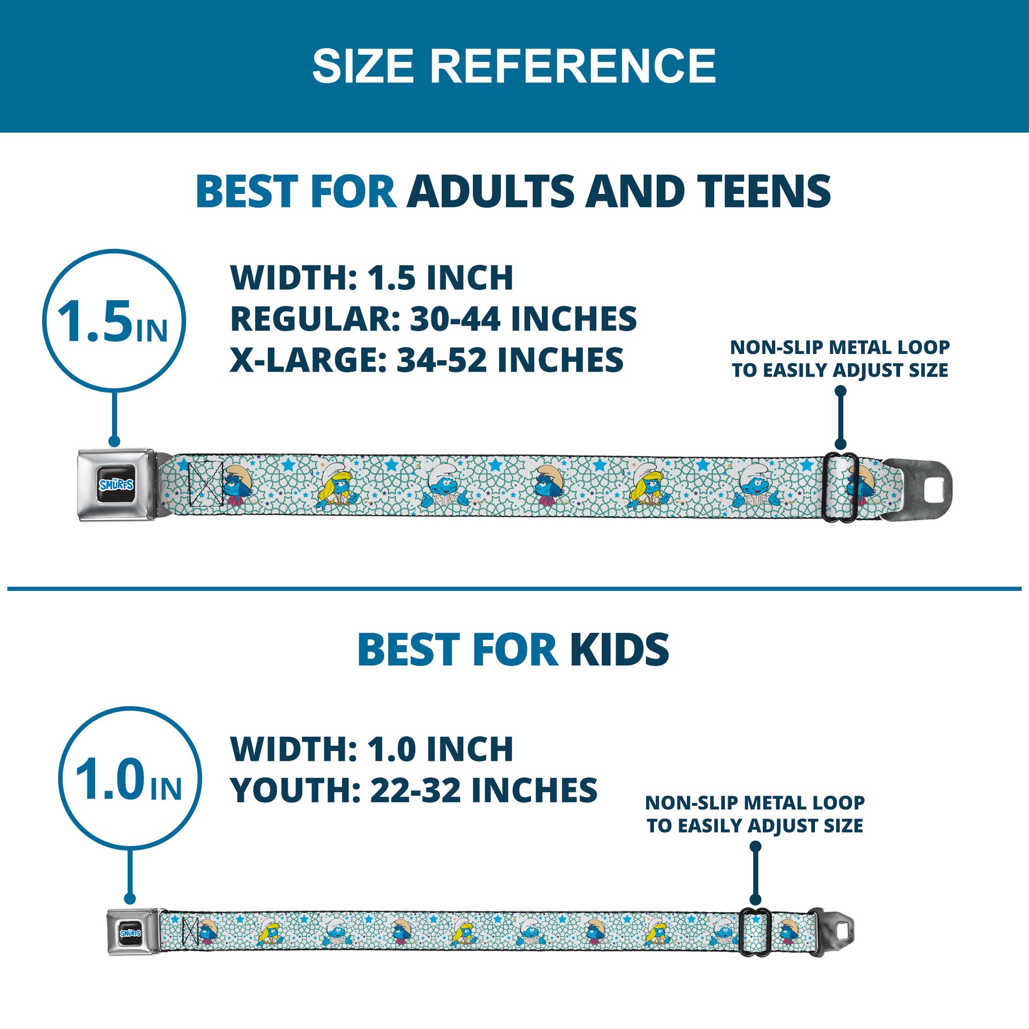 THE SMURFS Title Logo Full Color Black White Blue Seatbelt Belt - The Smurfs Three Character Pose and Stars White/Blues Webbing Seatbelt Belts The Smurfs