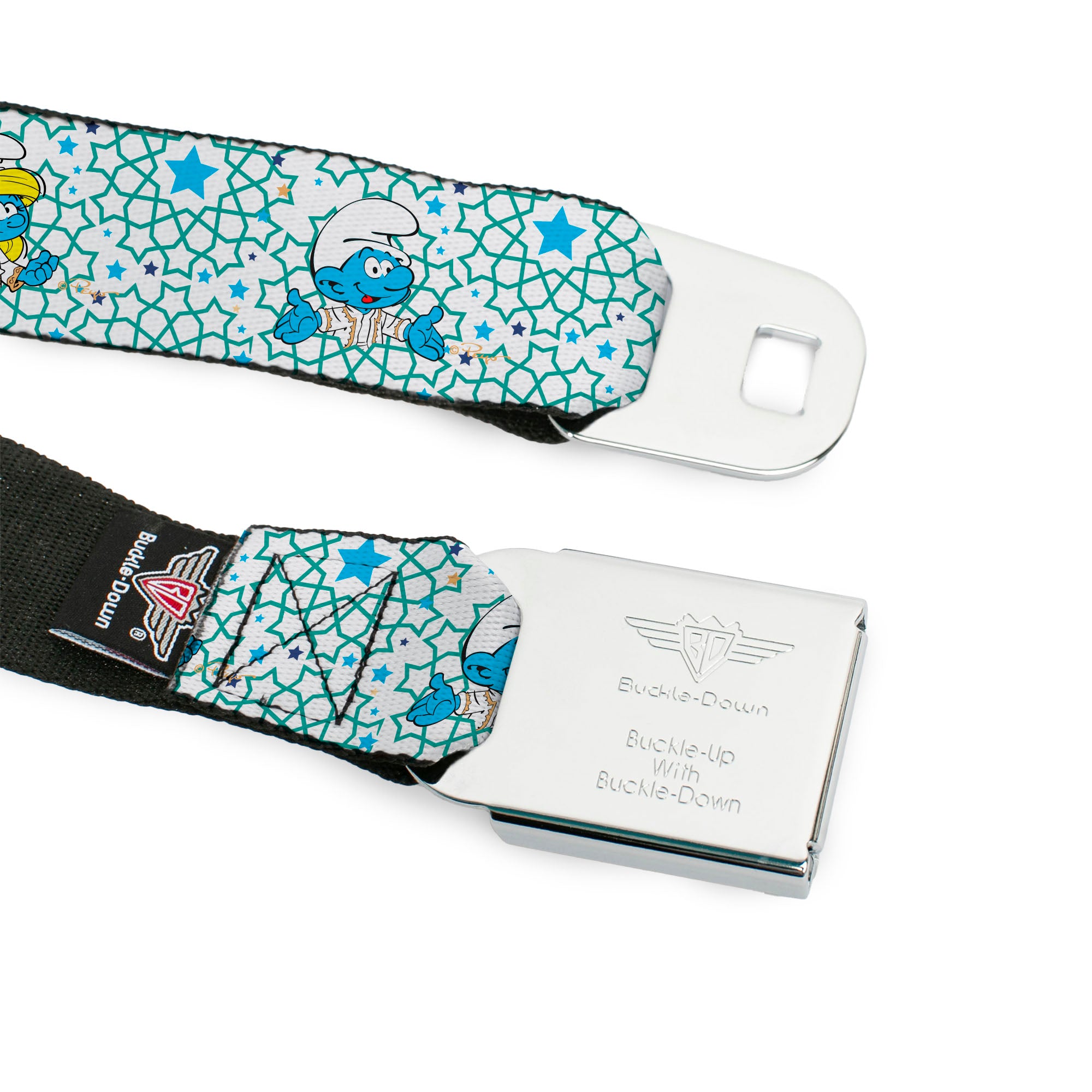 THE SMURFS Title Logo Full Color Black White Blue Seatbelt Belt - The Smurfs Three Character Pose and Stars White/Blues Webbing Seatbelt Belts The Smurfs