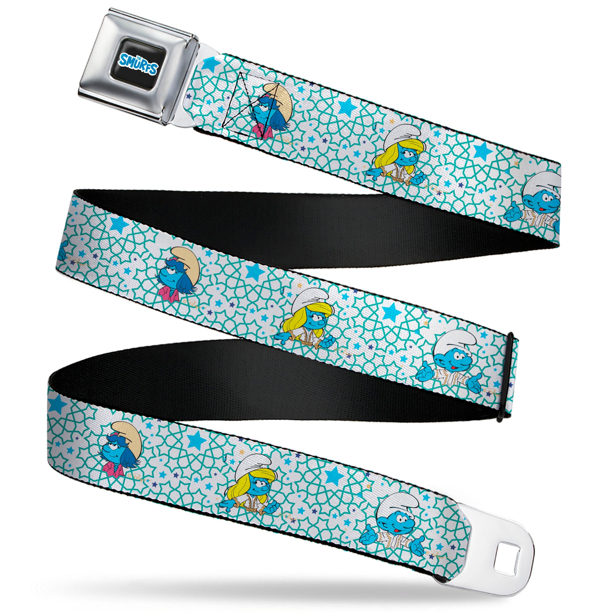 THE SMURFS Title Logo Full Color Black White Blue Seatbelt Belt - The Smurfs Three Character Pose and Stars White/Blues Webbing Seatbelt Belts The Smurfs
