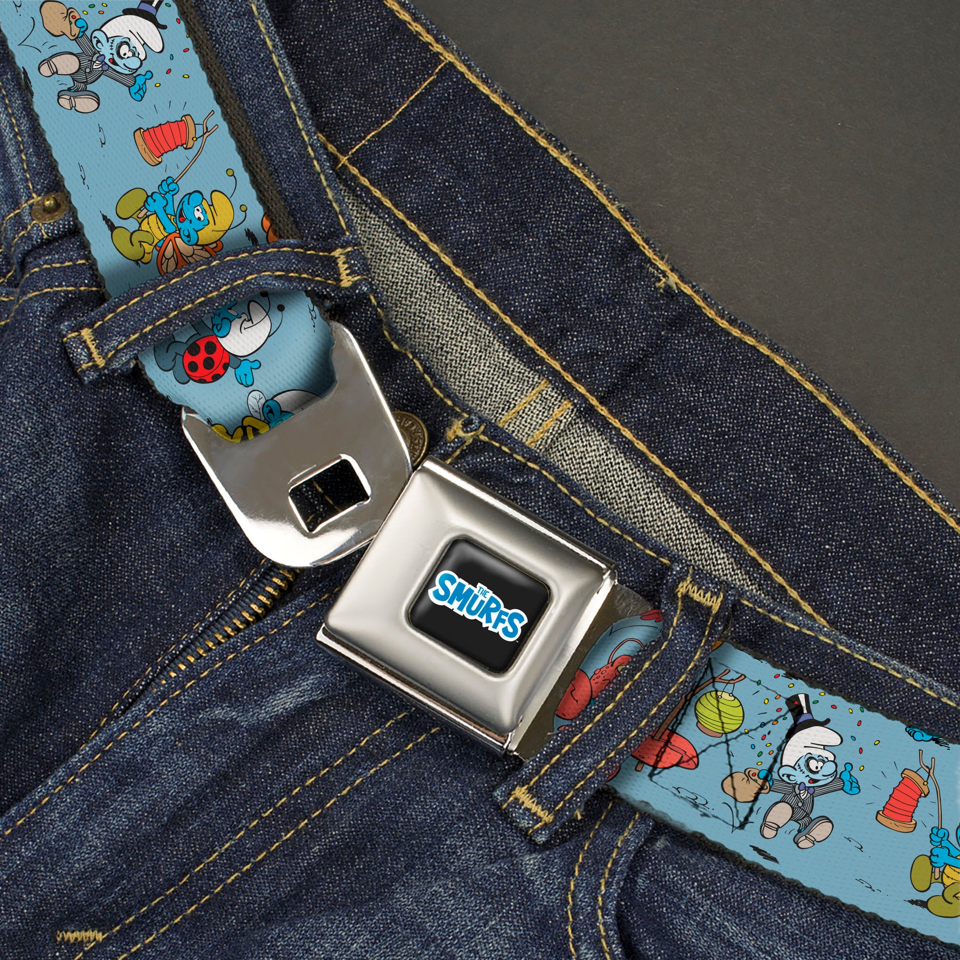 THE SMURFS Title Logo Full Color Black White Blue Seatbelt Belt - The Smurfs Halloween Dress Up Cosplay Poses Blue Webbing Seatbelt Belts The Smurfs