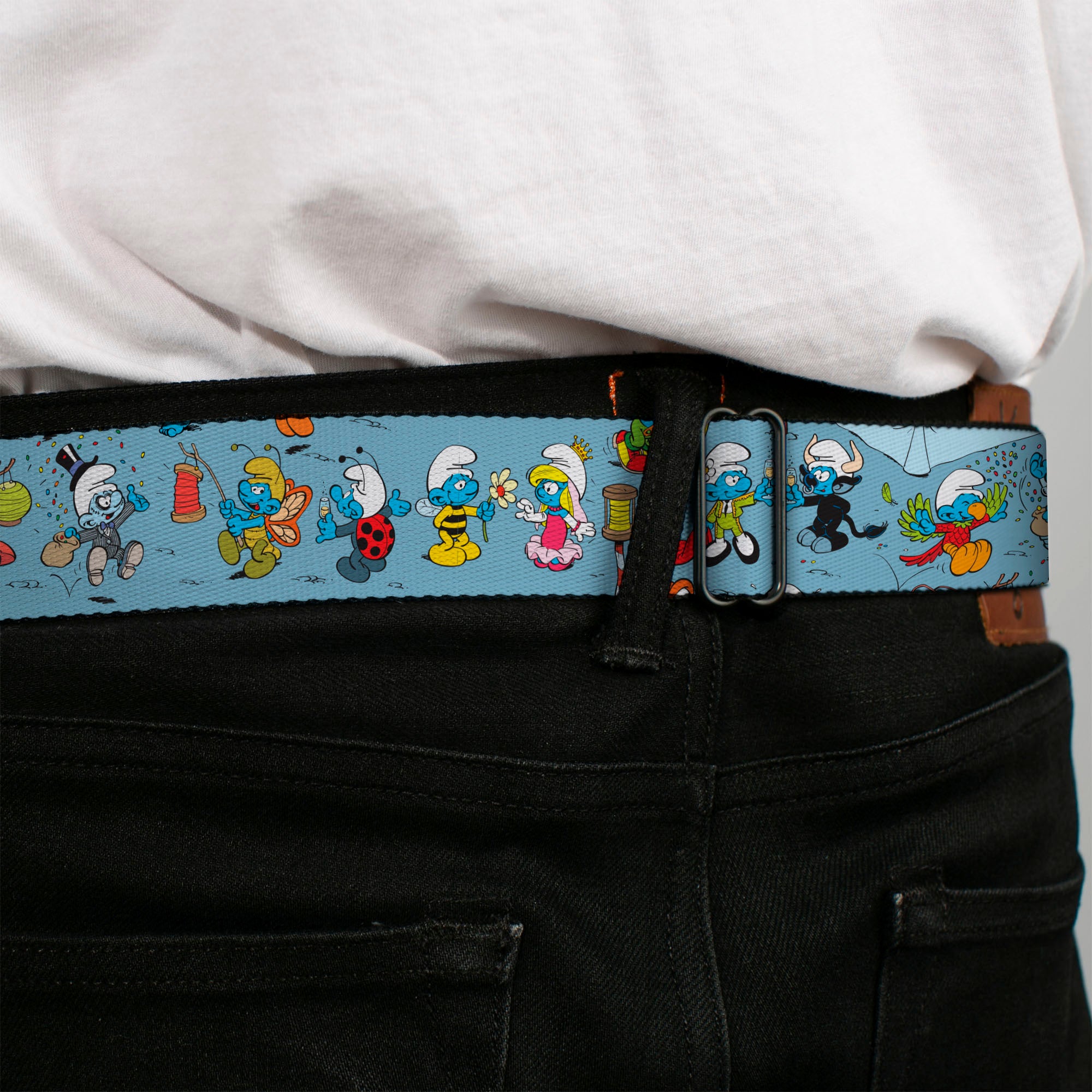 THE SMURFS Title Logo Full Color Black White Blue Seatbelt Belt - The Smurfs Halloween Dress Up Cosplay Poses Blue Webbing Seatbelt Belts The Smurfs