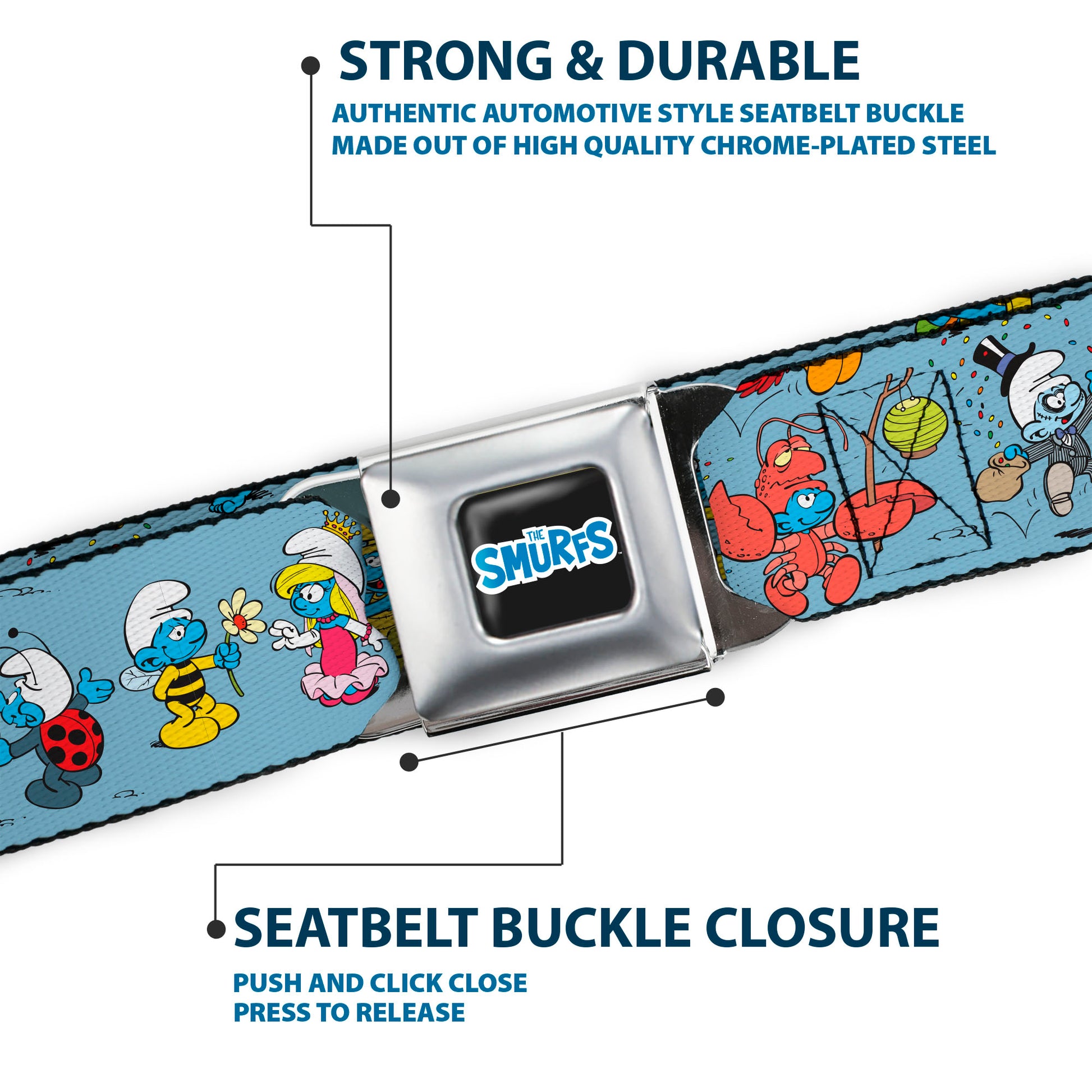 THE SMURFS Title Logo Full Color Black White Blue Seatbelt Belt - The Smurfs Halloween Dress Up Cosplay Poses Blue Webbing Seatbelt Belts The Smurfs