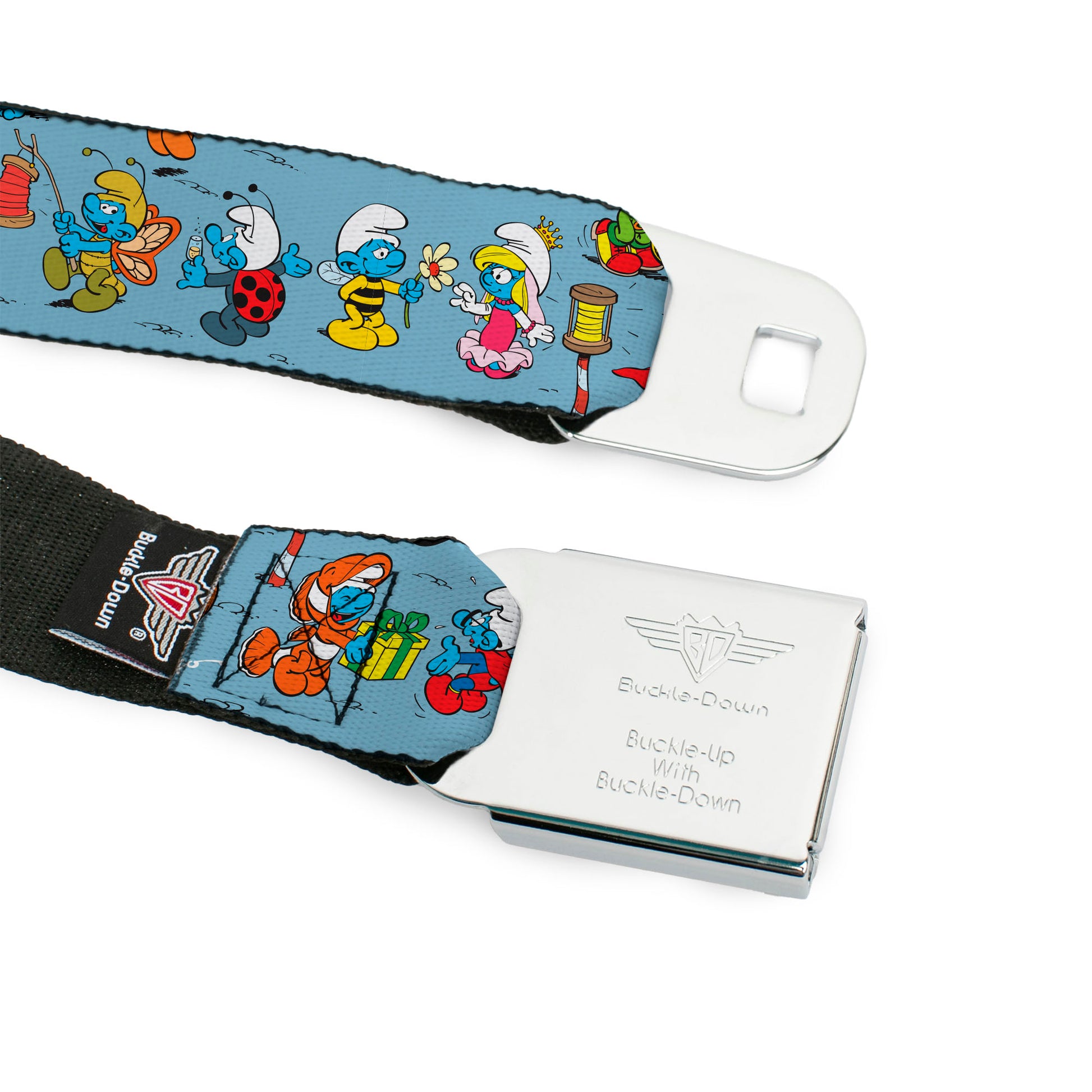 THE SMURFS Title Logo Full Color Black White Blue Seatbelt Belt - The Smurfs Halloween Dress Up Cosplay Poses Blue Webbing Seatbelt Belts The Smurfs
