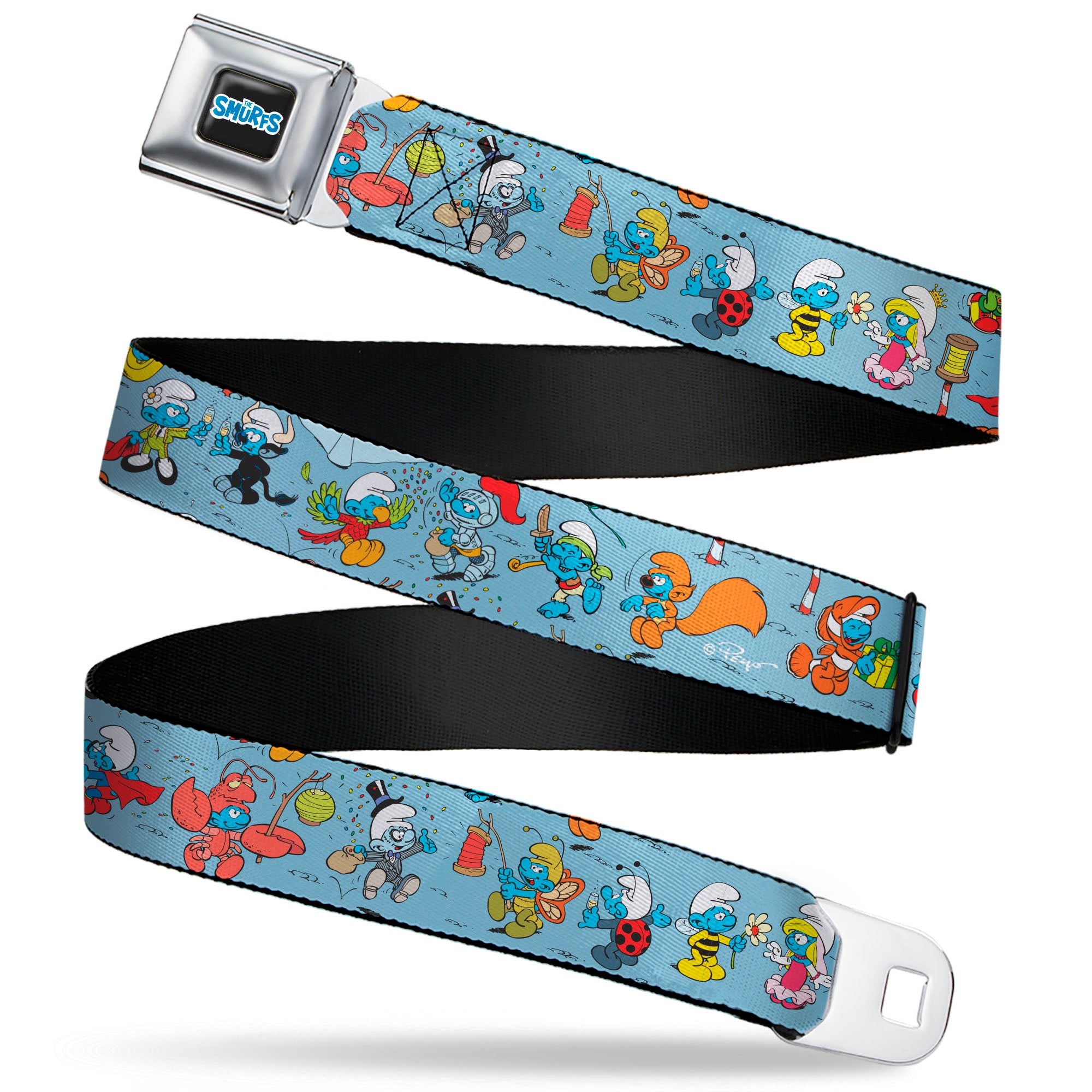 THE SMURFS Title Logo Full Color Black White Blue Seatbelt Belt - The Smurfs Halloween Dress Up Cosplay Poses Blue Webbing Seatbelt Belts The Smurfs