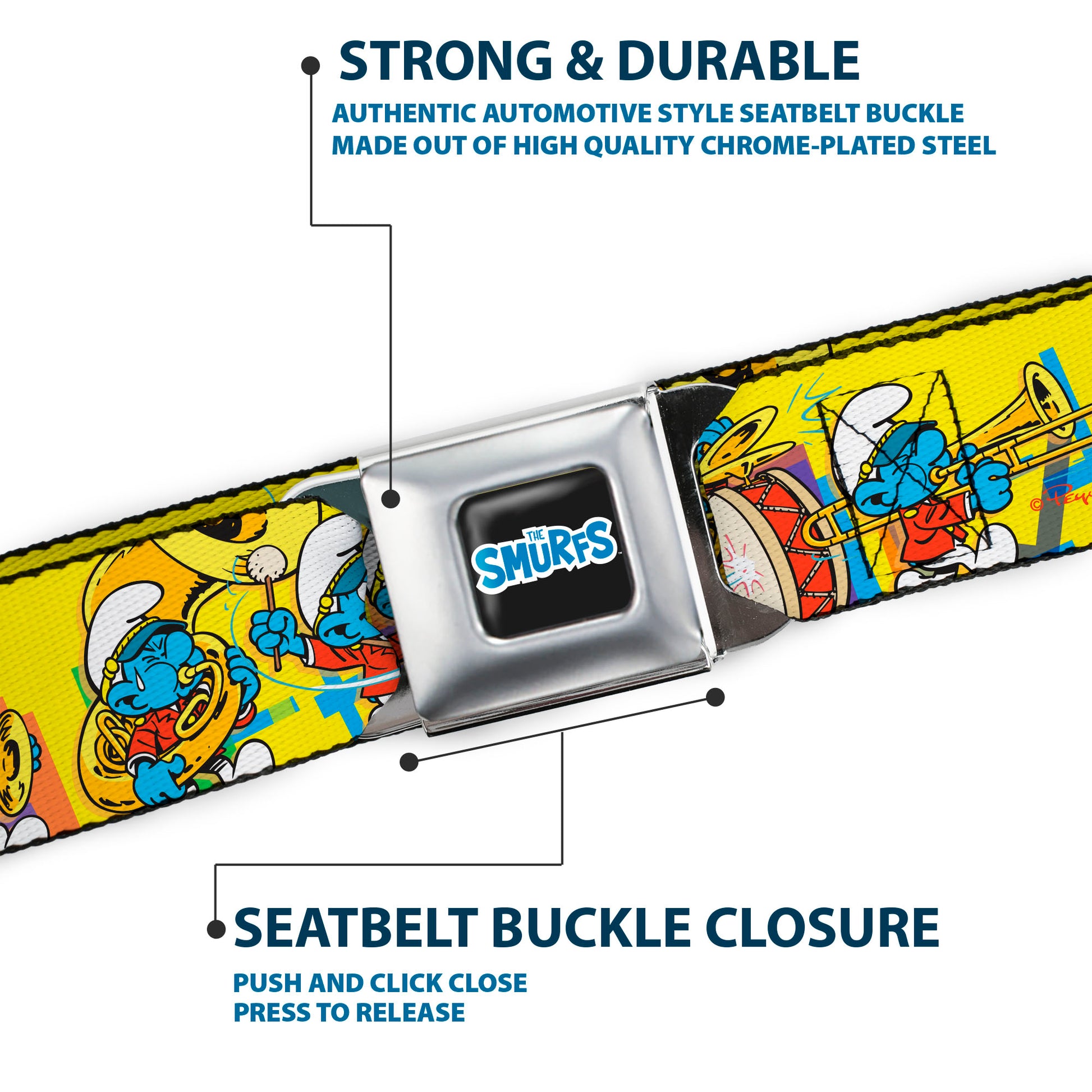 THE SMURFS Title Logo Full Color Black White Blue Seatbelt Belt - The Smurfs Carnival Party Band Line Yellow Webbing Seatbelt Belts The Smurfs