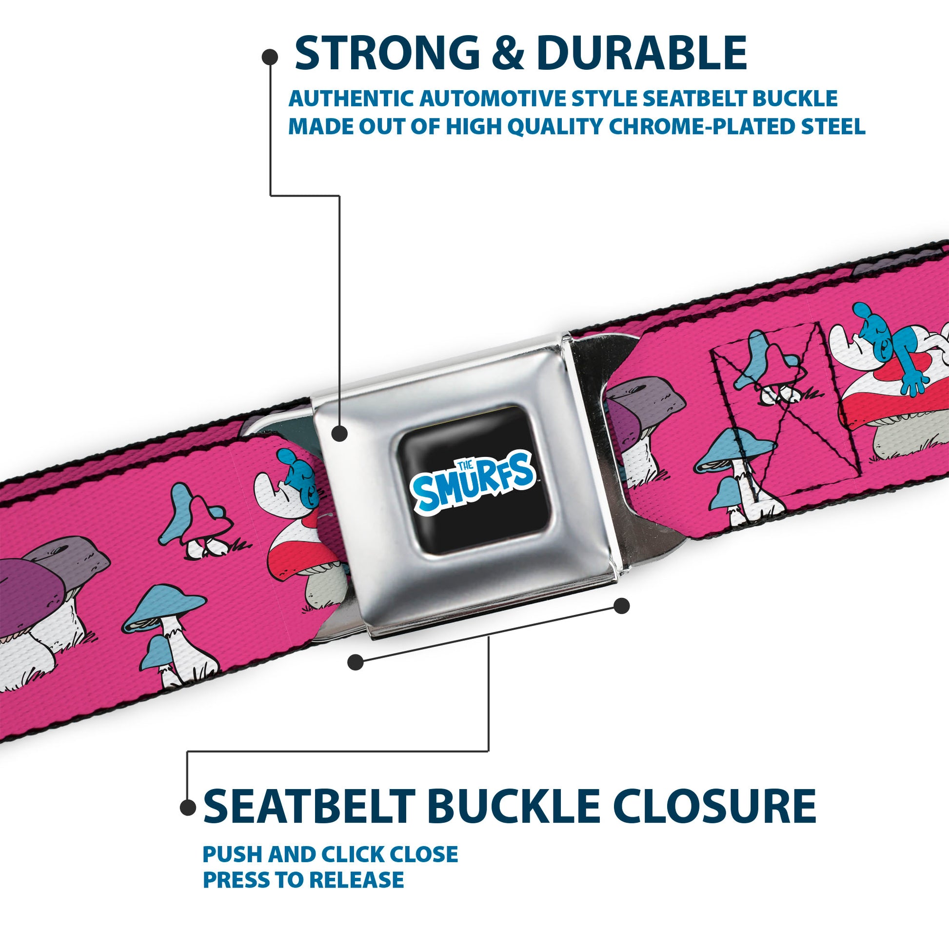 THE SMURFS Title Logo Full Color Black White Blue Seatbelt Belt - The Smurfs Like a Mushroom Pose Pink Webbing Seatbelt Belts The Smurfs