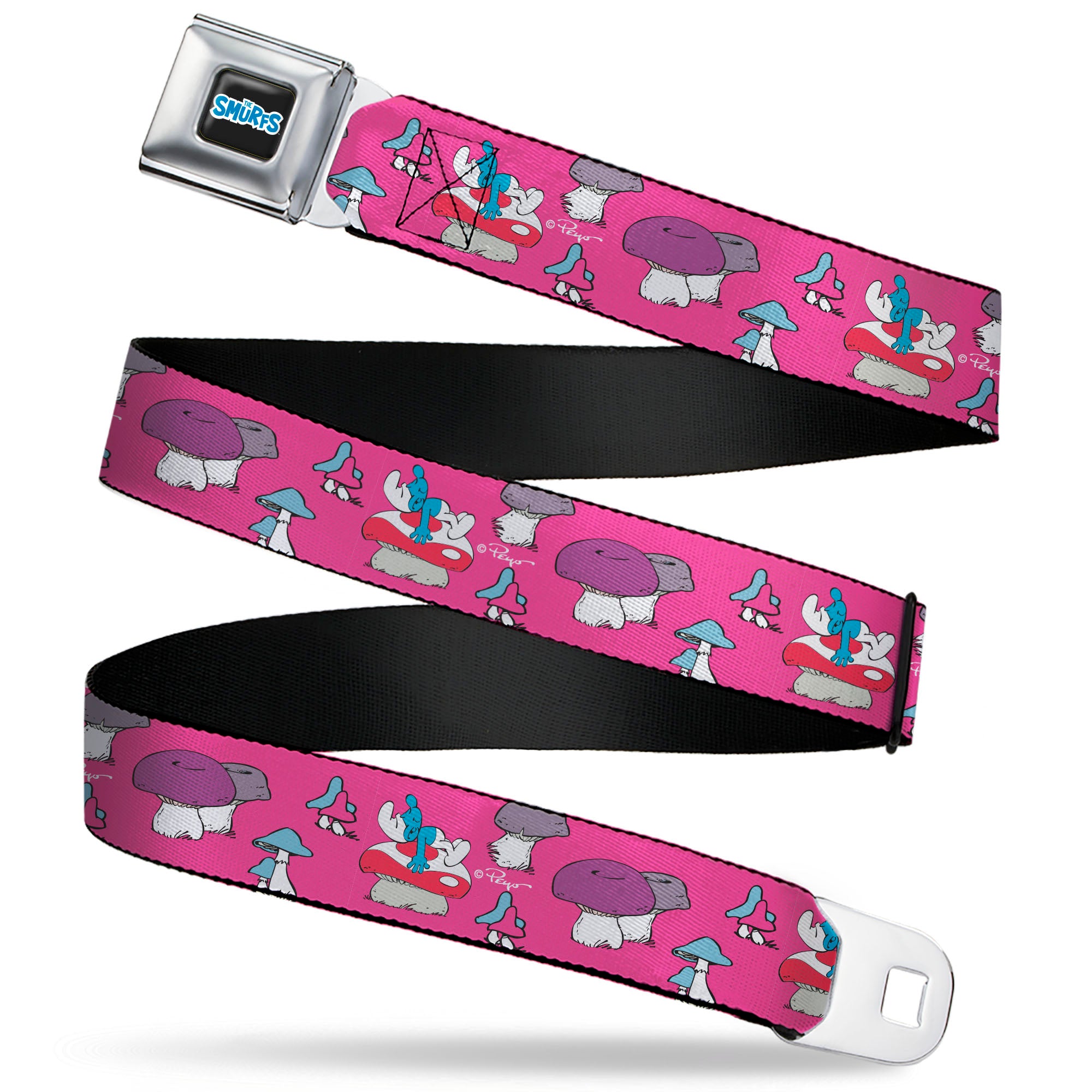 THE SMURFS Title Logo Full Color Black White Blue Seatbelt Belt - The Smurfs Like a Mushroom Pose Pink Webbing Seatbelt Belts The Smurfs