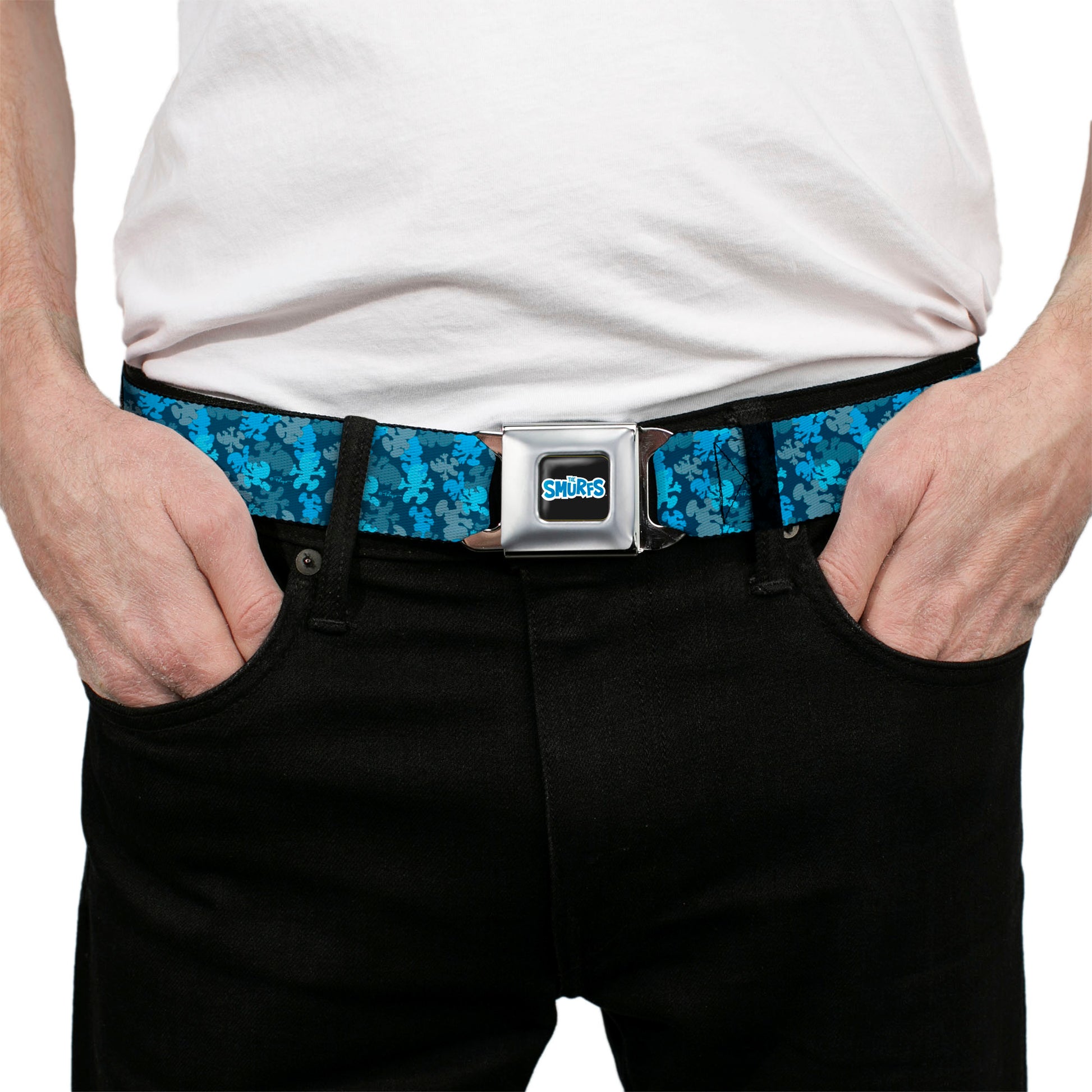 THE SMURFS Title Logo Full Color Black White Blue Seatbelt Belt - The Smurfs Silhouette Poses Stacked Blues Webbing Seatbelt Belts The Smurfs