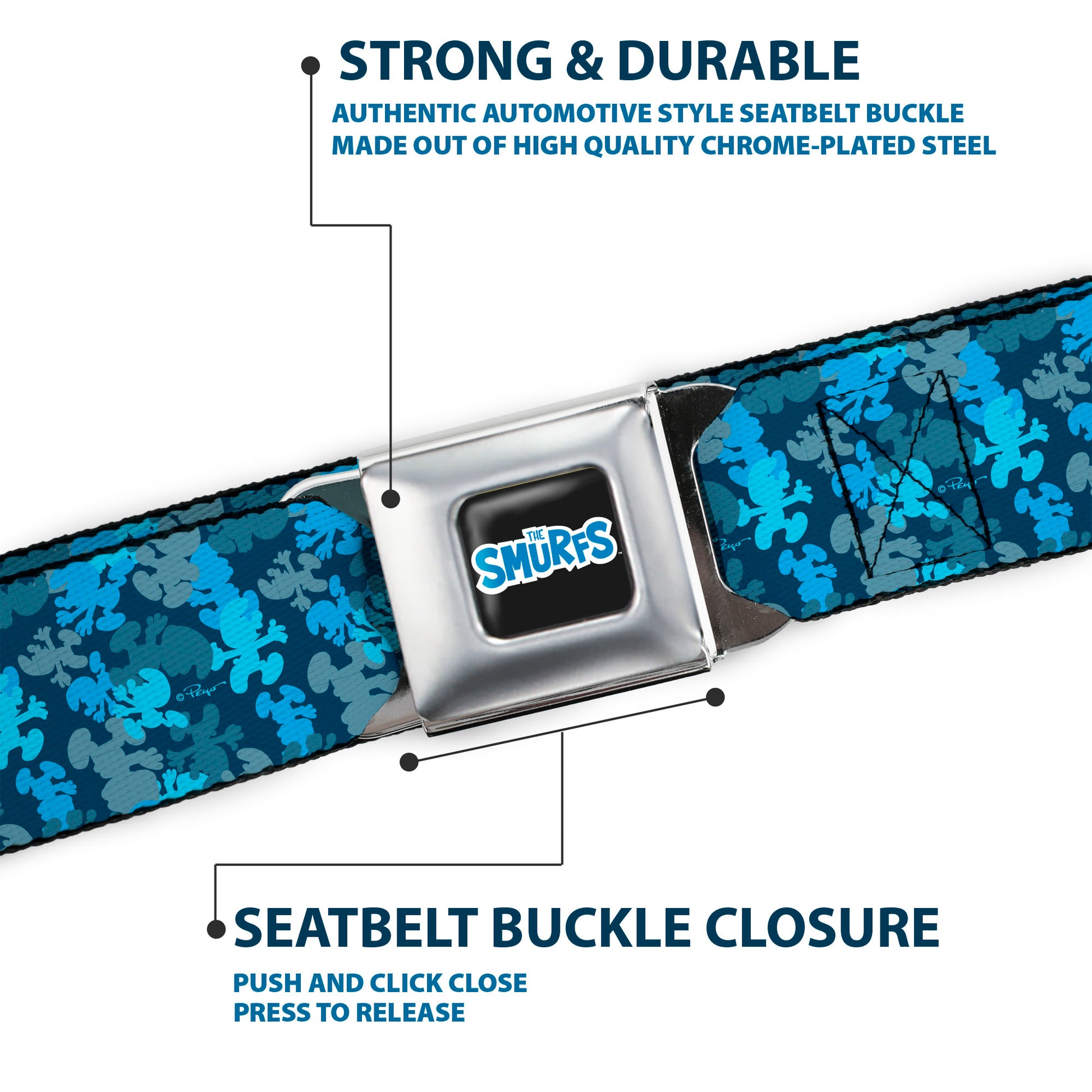 THE SMURFS Title Logo Full Color Black White Blue Seatbelt Belt - The Smurfs Silhouette Poses Stacked Blues Webbing Seatbelt Belts The Smurfs