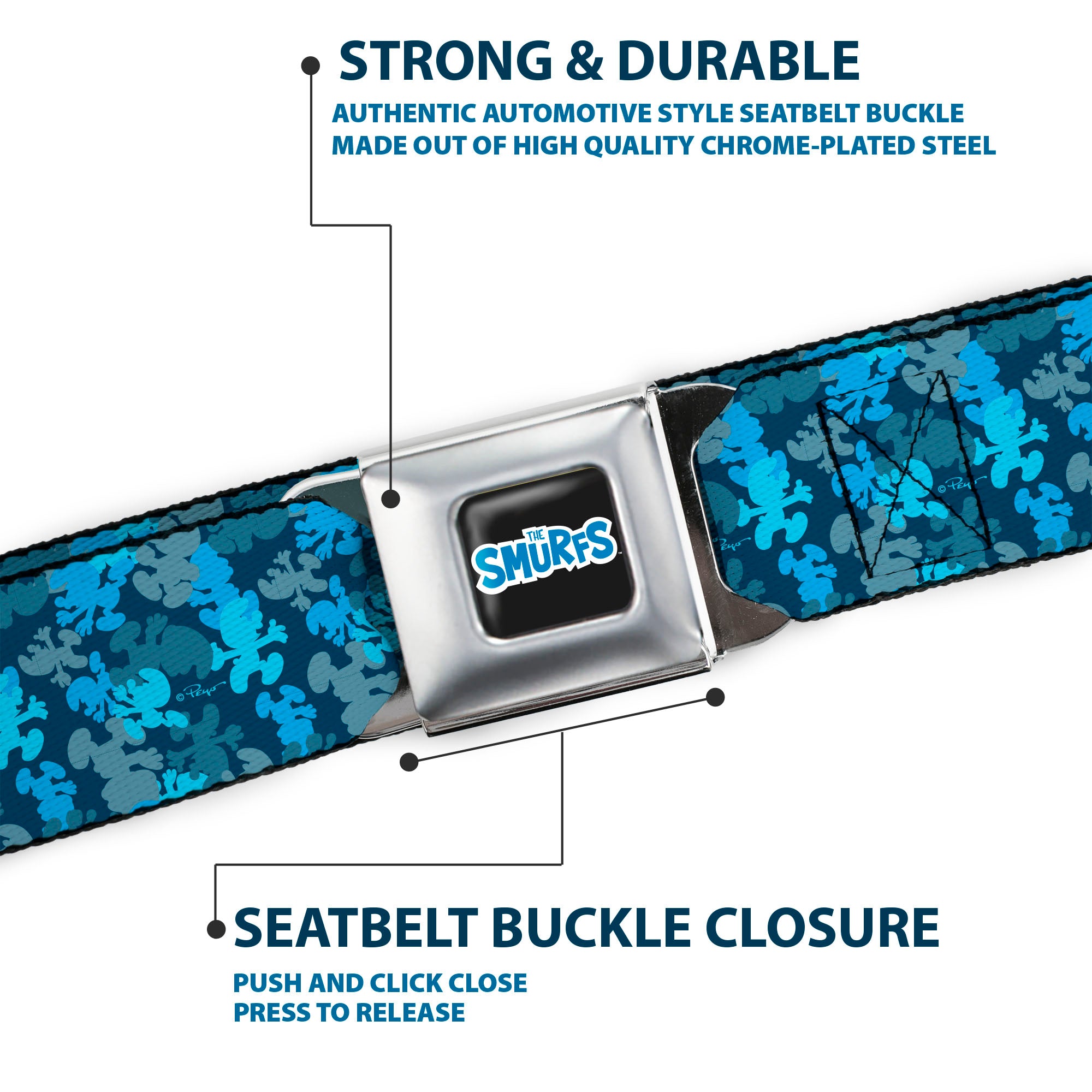THE SMURFS Title Logo Full Color Black White Blue Seatbelt Belt - The Smurfs Silhouette Poses Stacked Blues Webbing Seatbelt Belts The Smurfs