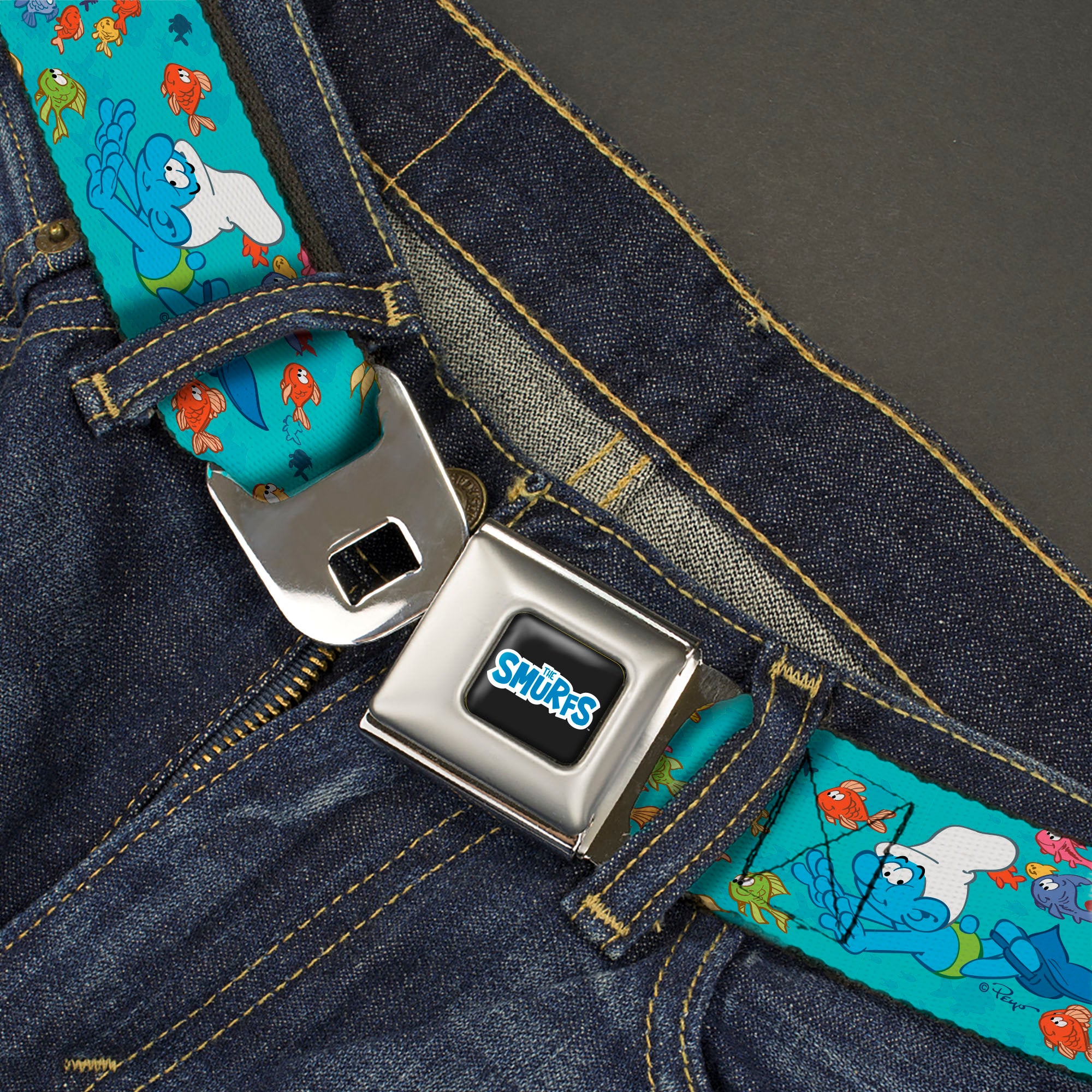 THE SMURFS Title Logo Full Color Black White Blue Seatbelt Belt - The Smurfs Swimming with Fish Blue/Multi Color Webbing Seatbelt Belts The Smurfs