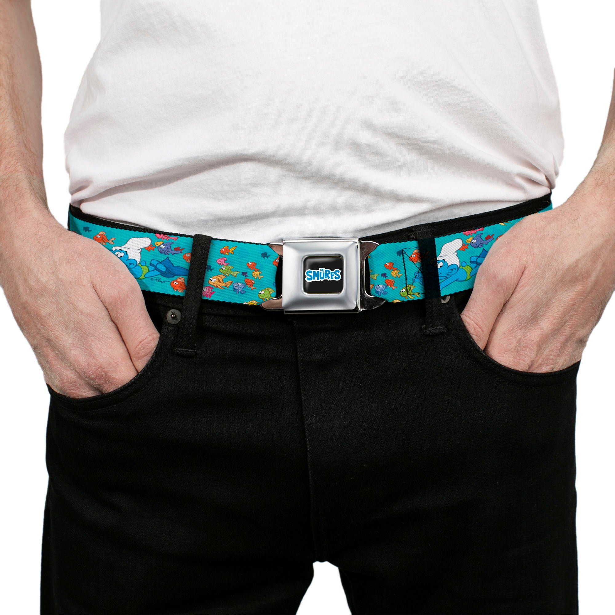 THE SMURFS Title Logo Full Color Black White Blue Seatbelt Belt - The Smurfs Swimming with Fish Blue/Multi Color Webbing Seatbelt Belts The Smurfs