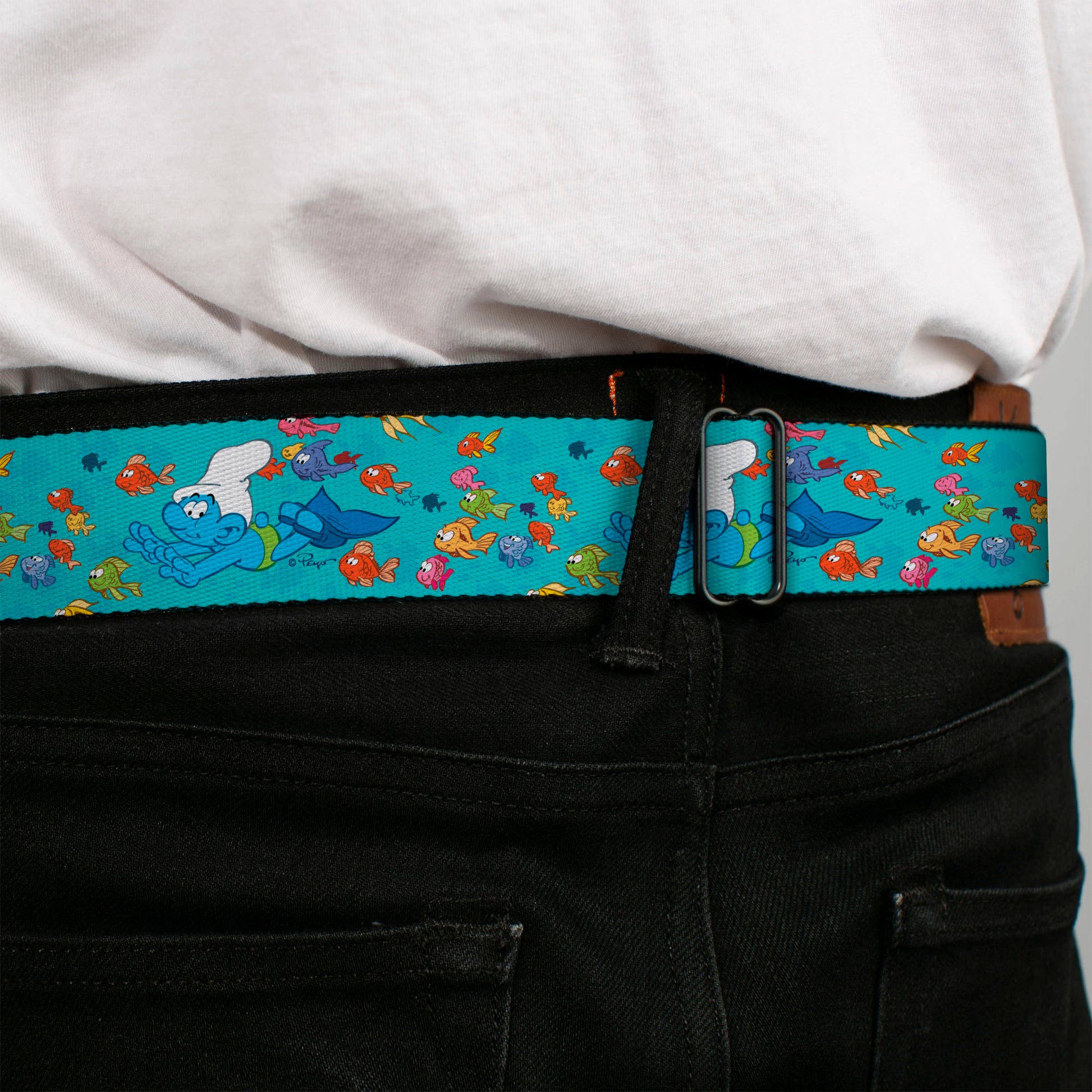 THE SMURFS Title Logo Full Color Black White Blue Seatbelt Belt - The Smurfs Swimming with Fish Blue/Multi Color Webbing Seatbelt Belts The Smurfs