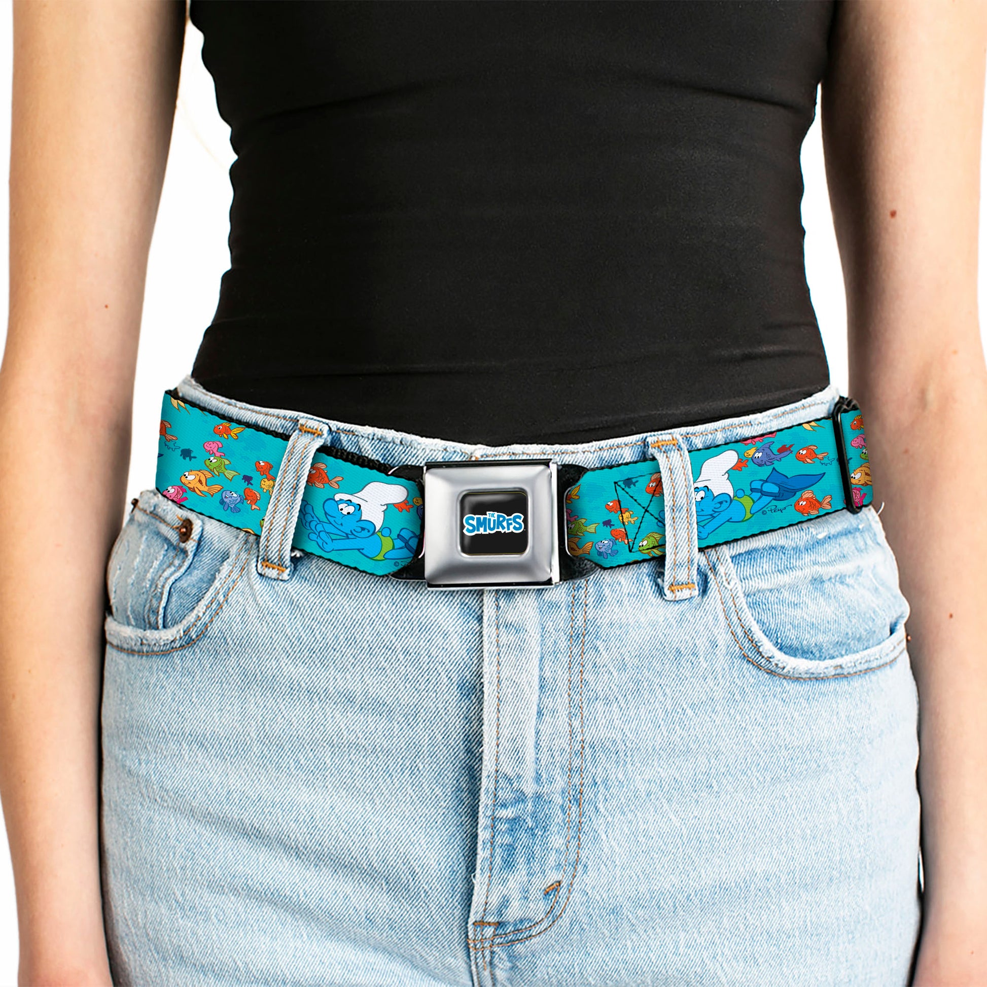 THE SMURFS Title Logo Full Color Black White Blue Seatbelt Belt - The Smurfs Swimming with Fish Blue/Multi Color Webbing Seatbelt Belts The Smurfs