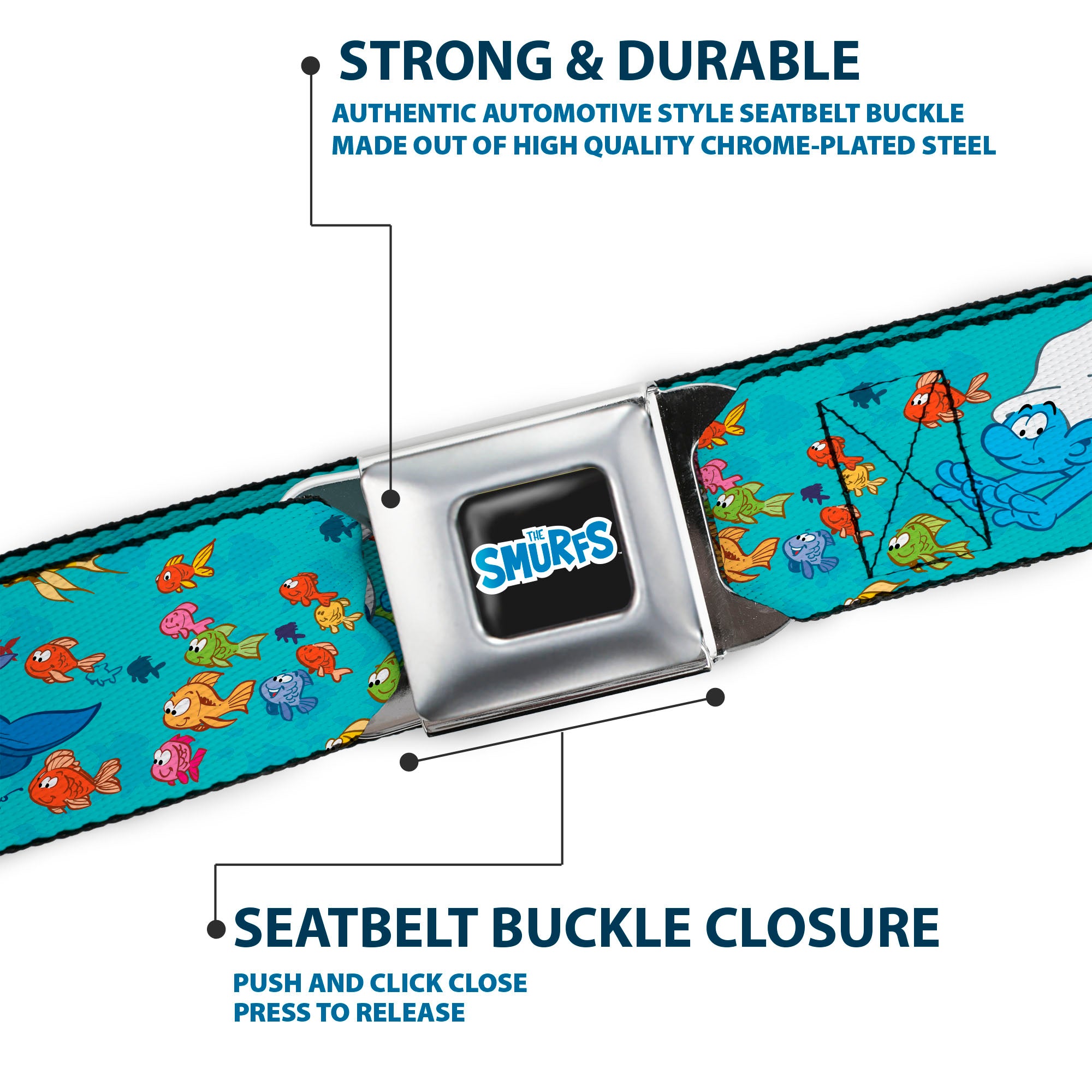 THE SMURFS Title Logo Full Color Black White Blue Seatbelt Belt - The Smurfs Swimming with Fish Blue/Multi Color Webbing Seatbelt Belts The Smurfs