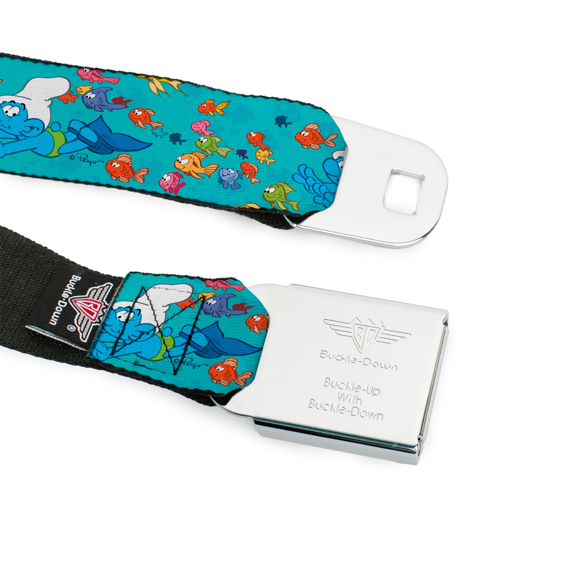 THE SMURFS Title Logo Full Color Black White Blue Seatbelt Belt - The Smurfs Swimming with Fish Blue/Multi Color Webbing Seatbelt Belts The Smurfs