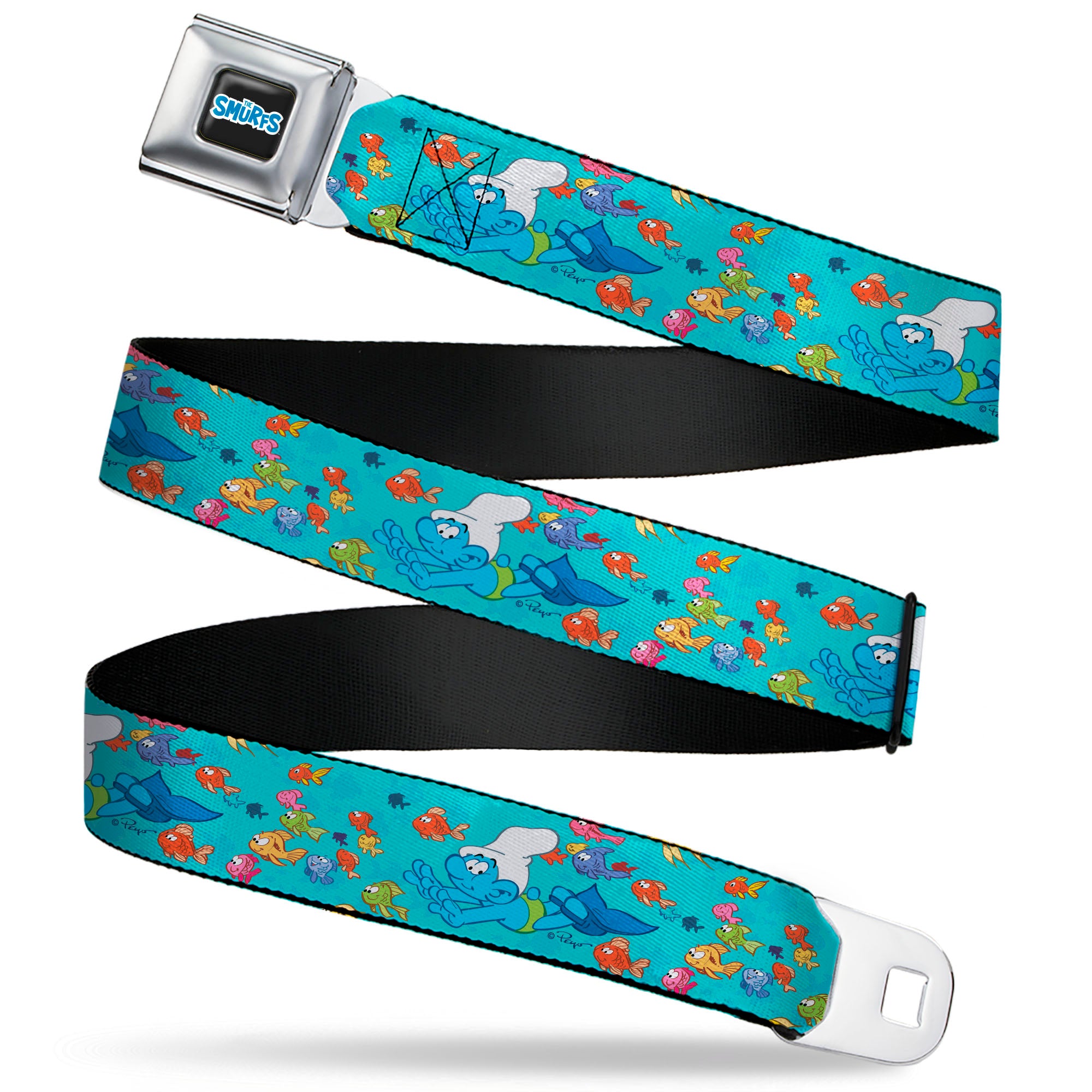 THE SMURFS Title Logo Full Color Black White Blue Seatbelt Belt - The Smurfs Swimming with Fish Blue/Multi Color Webbing Seatbelt Belts The Smurfs