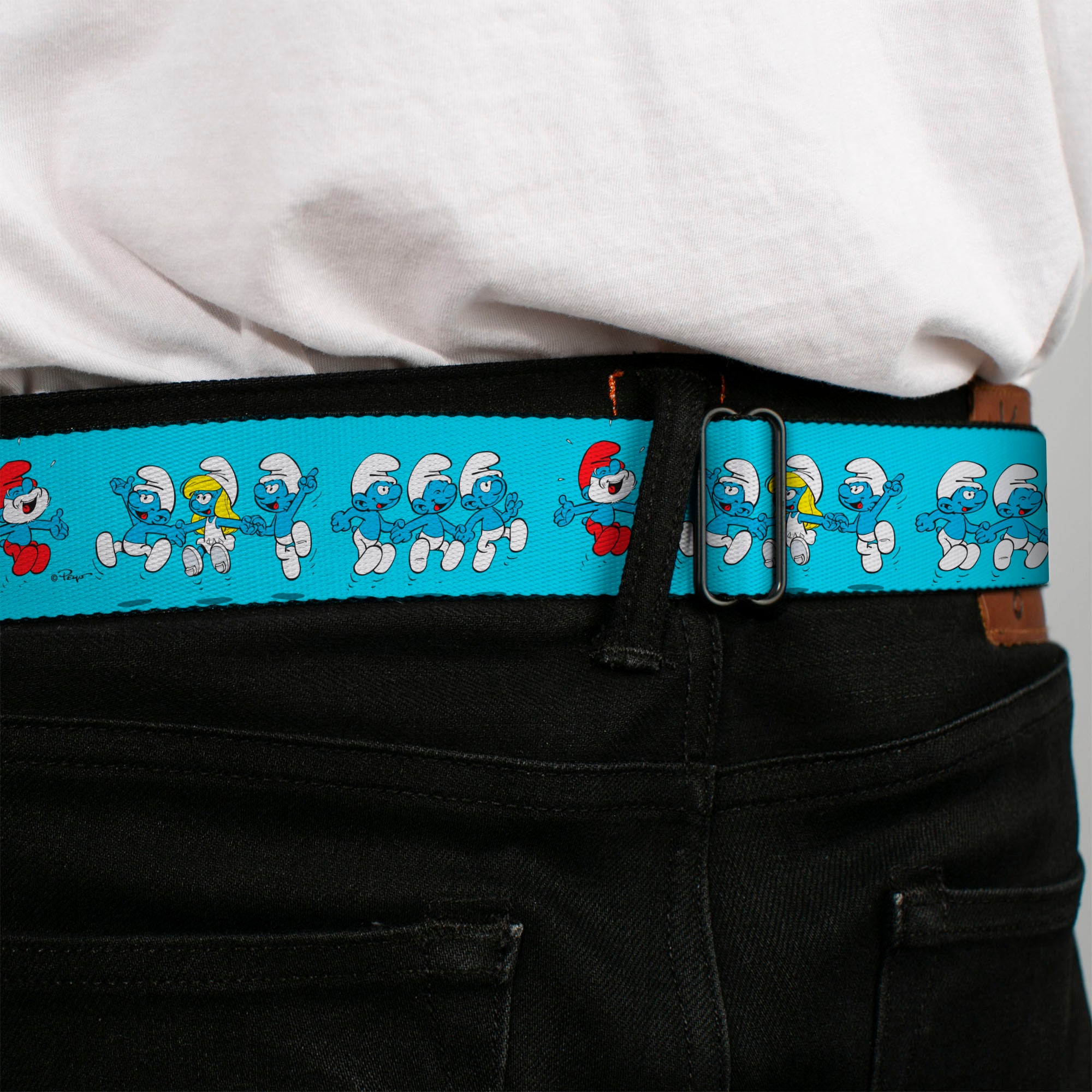 THE SMURFS Title Logo Full Color Black White Blue Seatbelt Belt - The Smurfs Seven Character Group Holding Hands Jumping Blue Webbing Seatbelt Belts The Smurfs