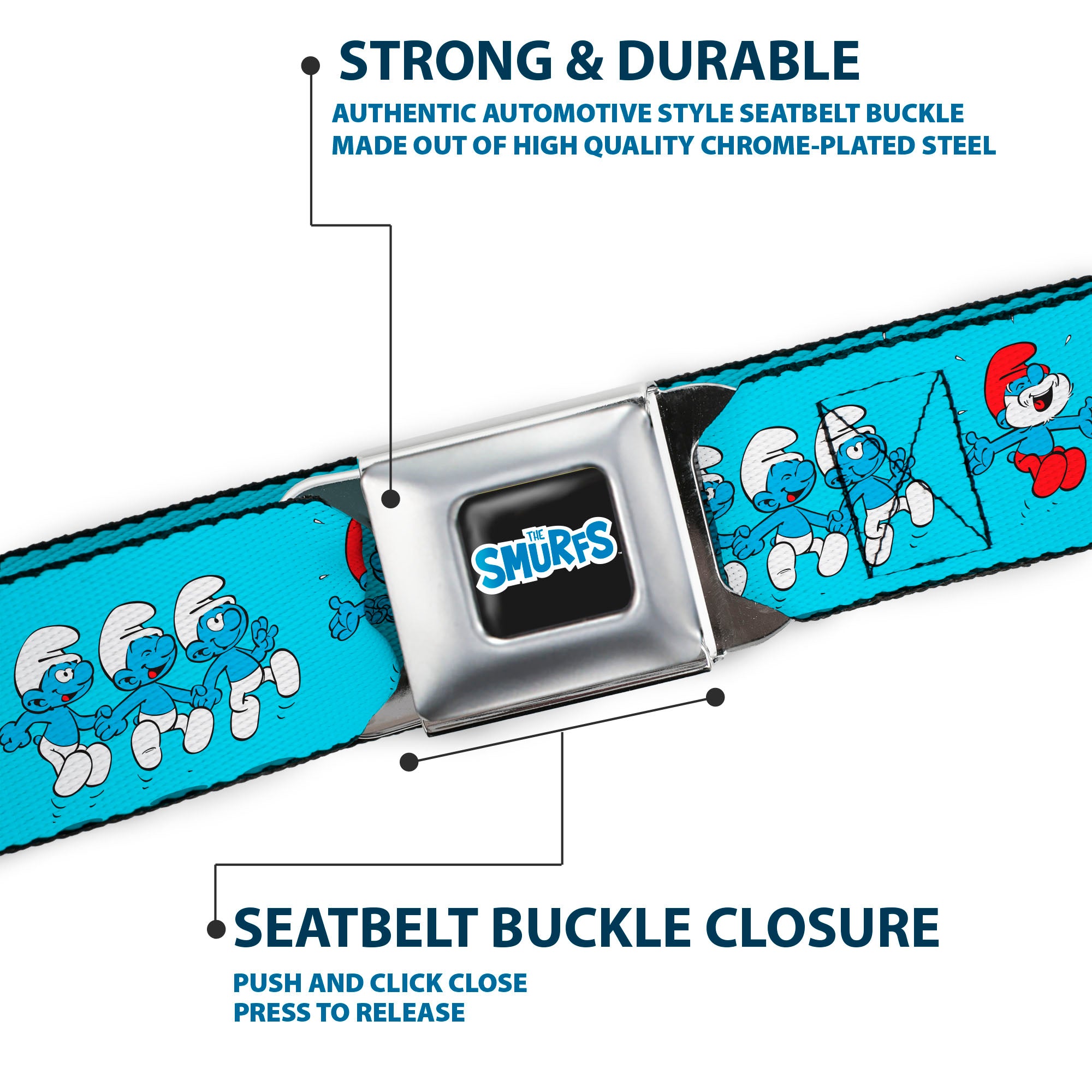 THE SMURFS Title Logo Full Color Black White Blue Seatbelt Belt - The Smurfs Seven Character Group Holding Hands Jumping Blue Webbing Seatbelt Belts The Smurfs