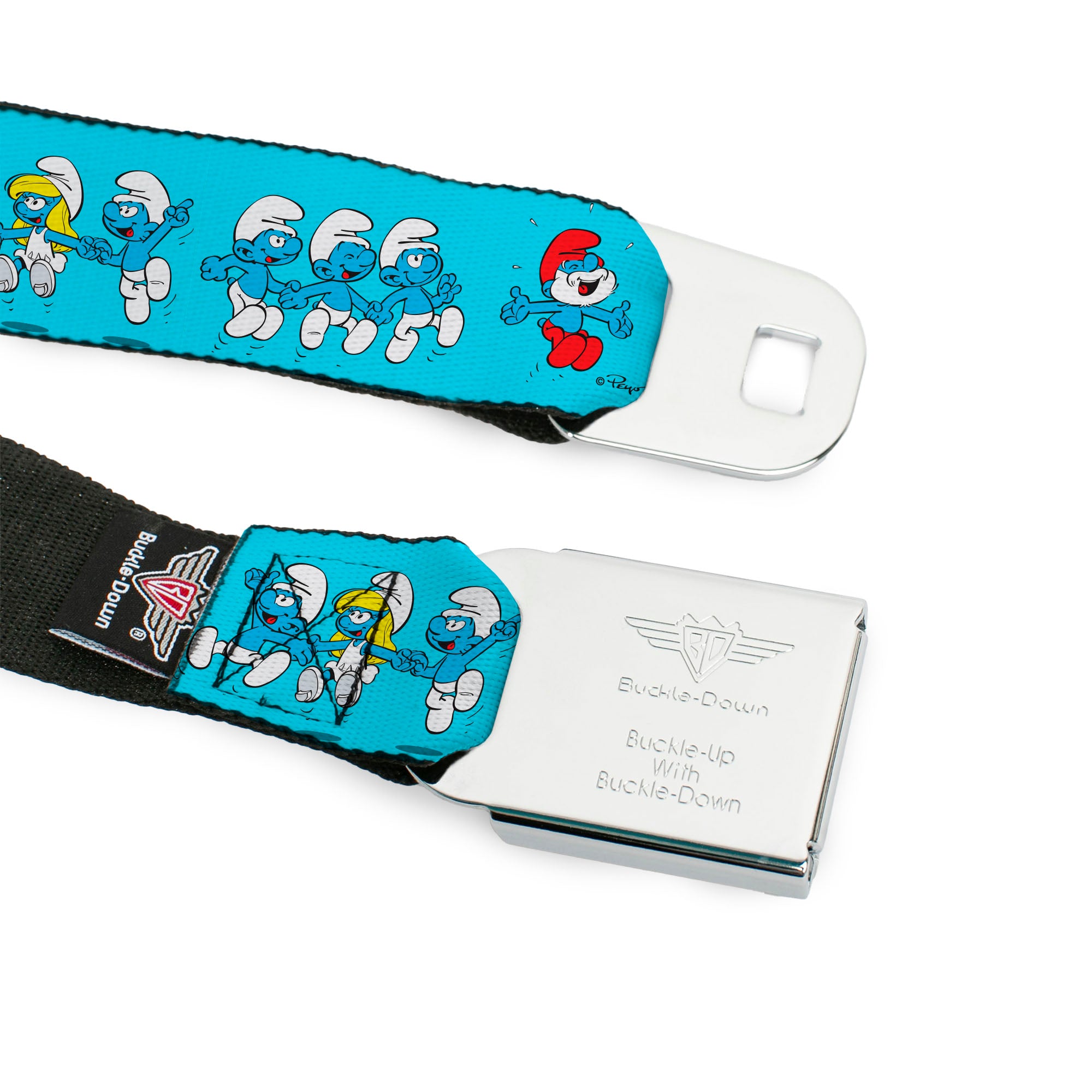 THE SMURFS Title Logo Full Color Black White Blue Seatbelt Belt - The Smurfs Seven Character Group Holding Hands Jumping Blue Webbing Seatbelt Belts The Smurfs